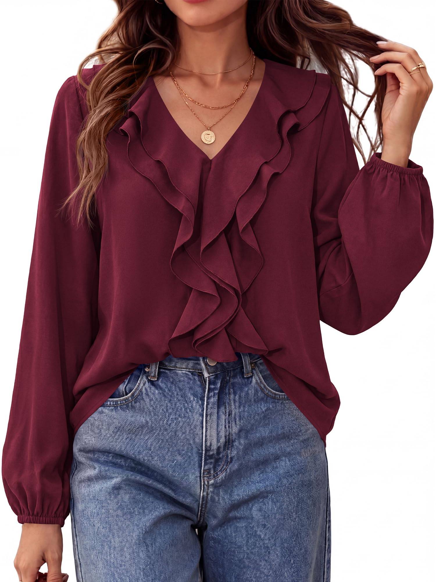 BTFBM Womens Fall Tops Ruffle Blouses Dressy Casual | Double Ruffled Collar V Neck Long Sleeve Shirts, Lightweight Fashion Clothing Trendy, Daily Business Office Work Clothes