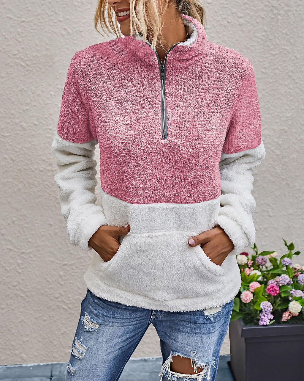 BTFBM Womens Sweatshirt Sherpa Quarter Zip Pullover Fall Winter Long Sleeve Fleece Sweaters Hoodies Sweatshirts Clothes
