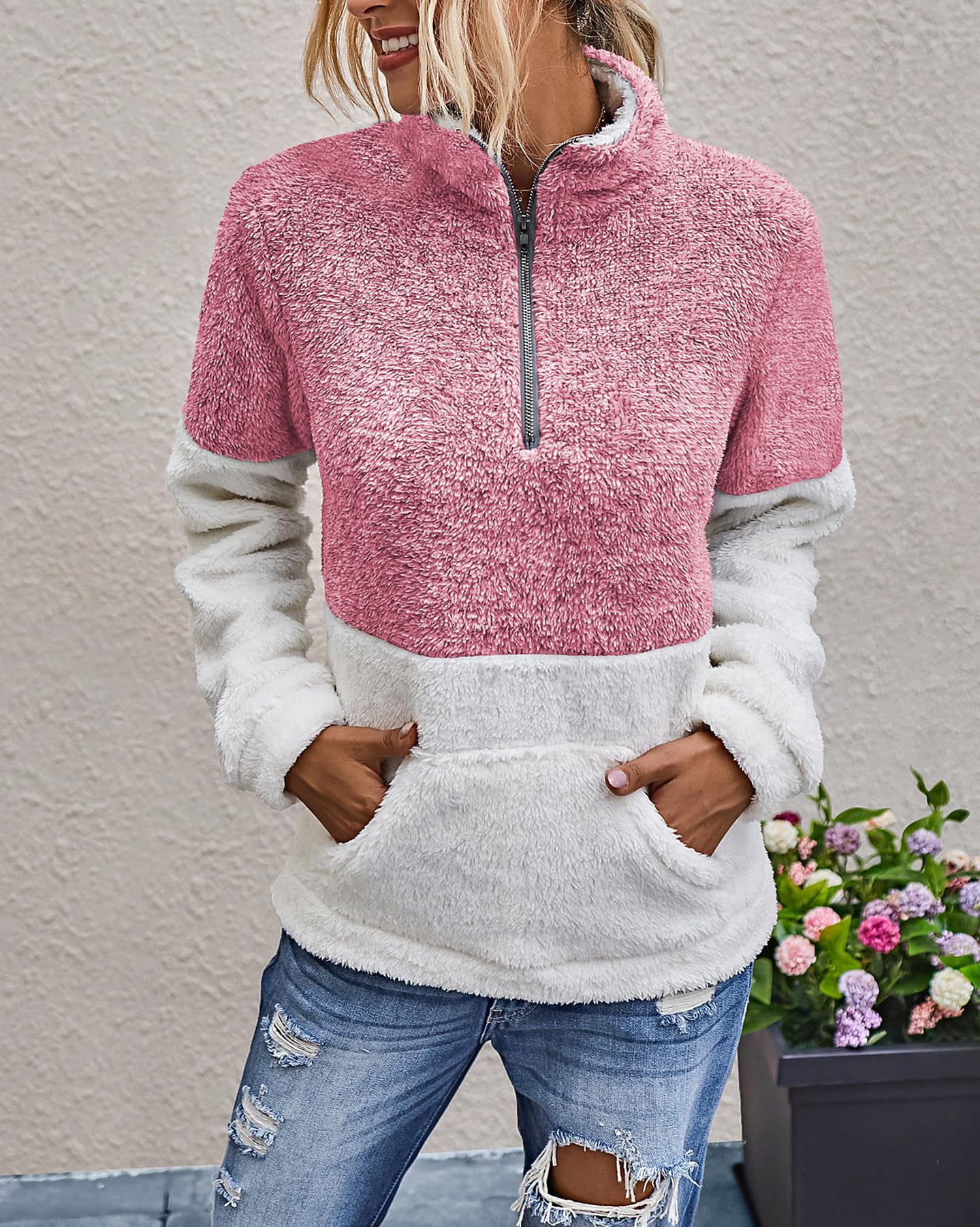 BTFBM Womens Sweatshirt Sherpa Quarter Zip Pullover Fall Winter Long Sleeve Fleece Sweaters Hoodies Sweatshirts Clothes