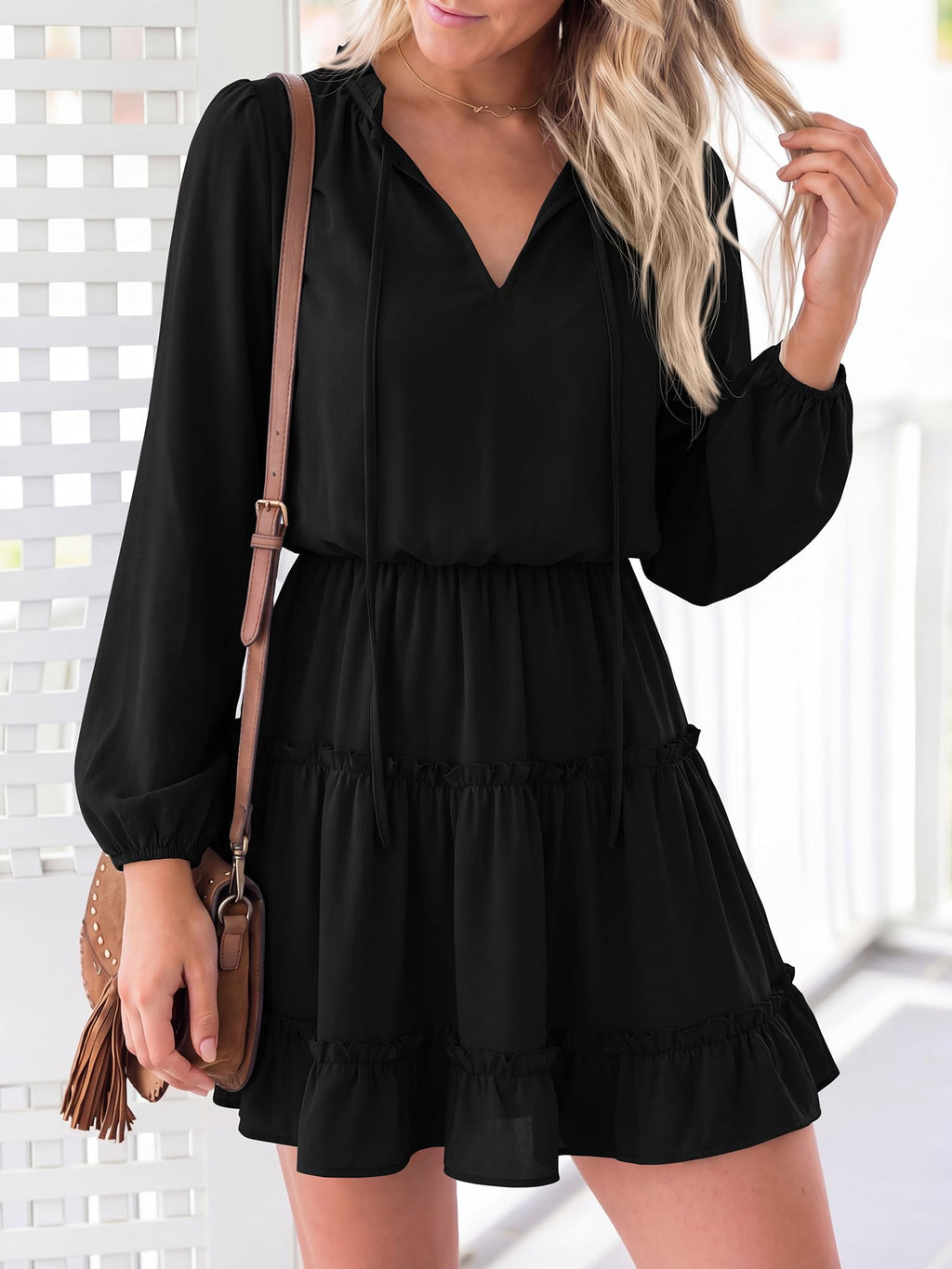 BTFBM Long Sleeve Summer Dresses for Women Casual Tie Neck Ruffle Tiered A Line Mini Spring Wedding Guest Dress