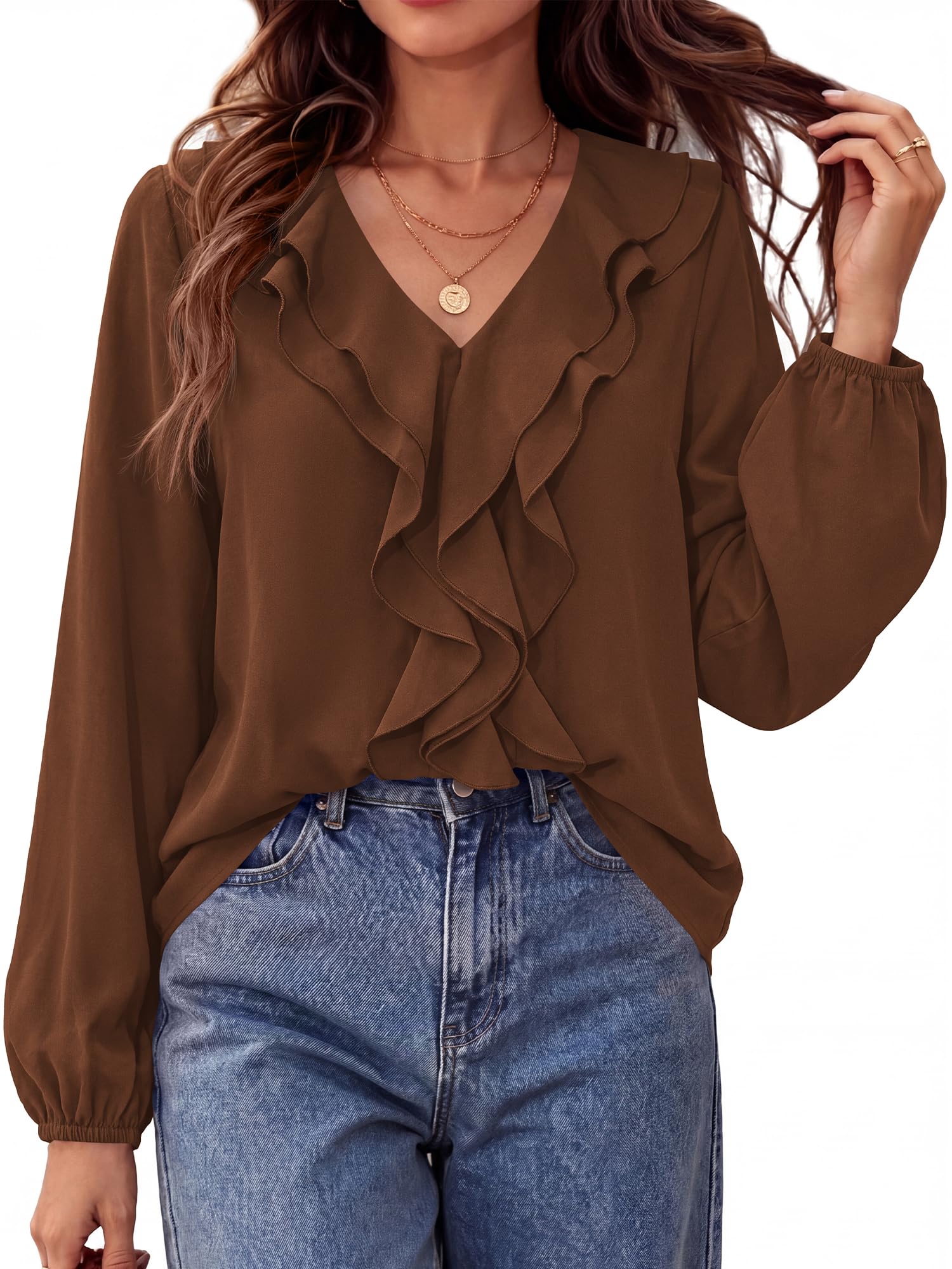 BTFBM Womens Fall Tops Ruffle Blouses Dressy Casual | Double Ruffled Collar V Neck Long Sleeve Shirts, Lightweight Fashion Clothing Trendy, Daily Business Office Work Clothes
