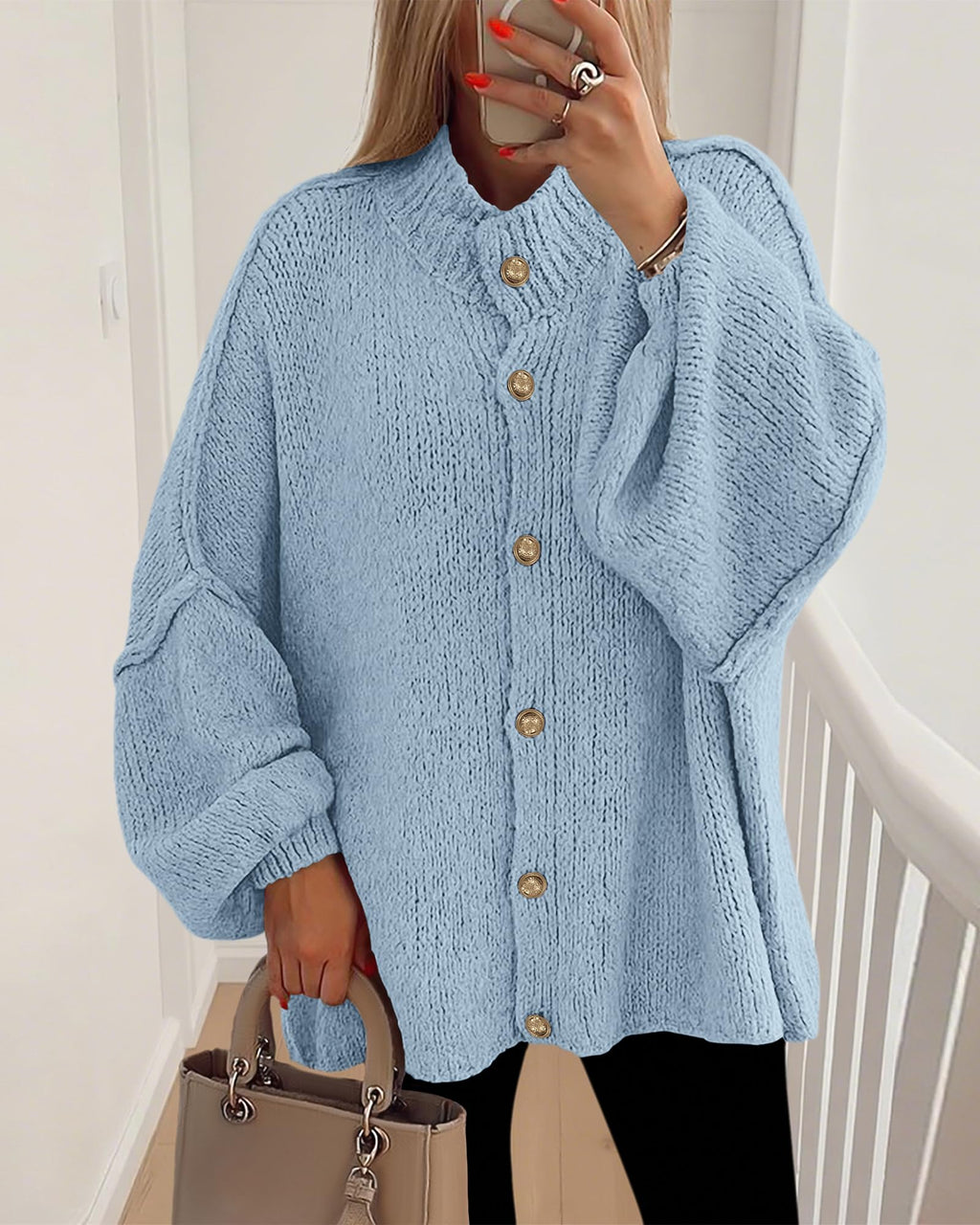 BTFBM Cardigan Sweaters for Women Fall Clothes Lantern Long Sleeve Button Open Front Chunky Knit Oversized Sweater