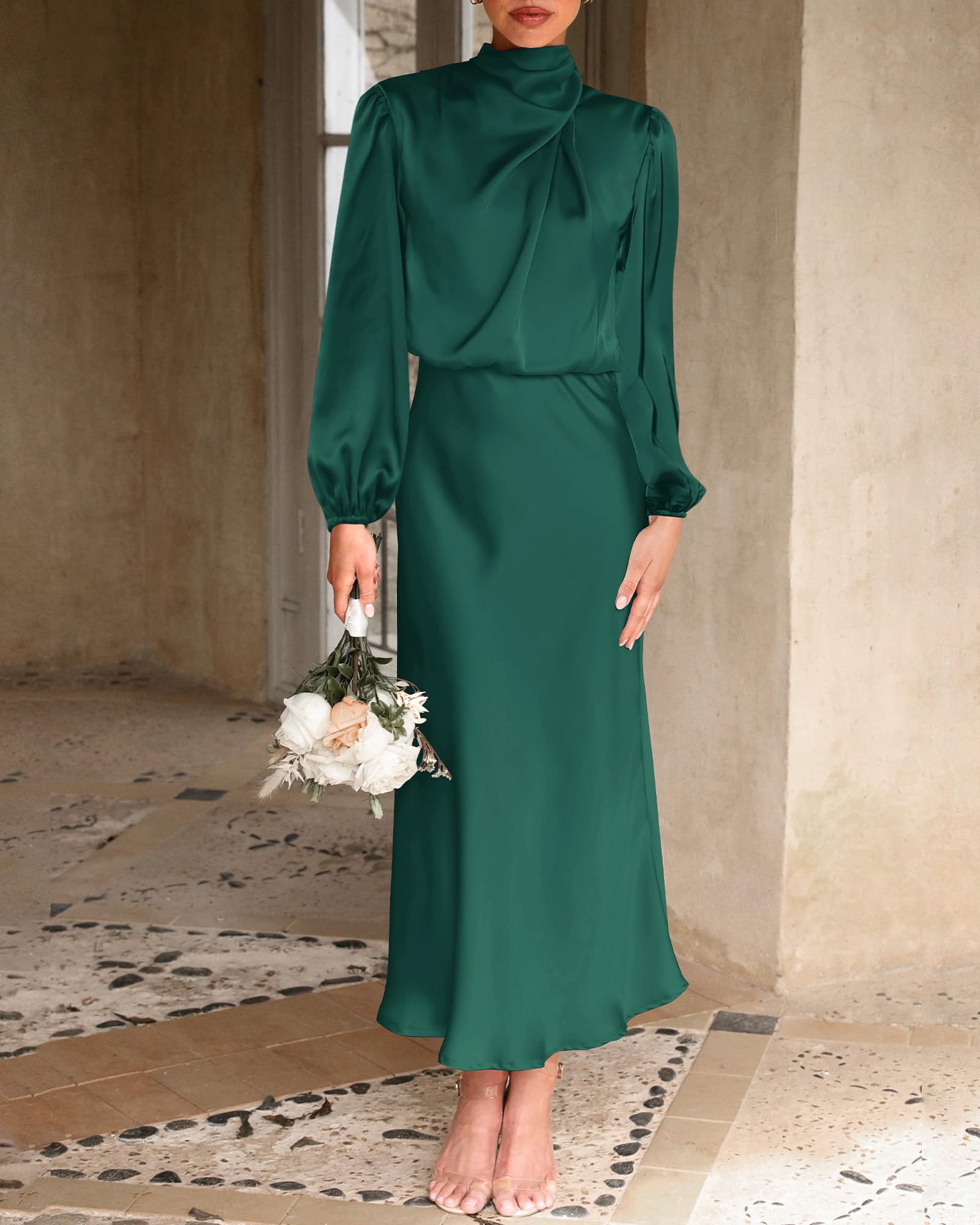 BTFBM Womens Mock Neck Satin Dress Spring Summer Long Sleeve Lightweight Formal Wedding Party Maxi Cocktail Dresses