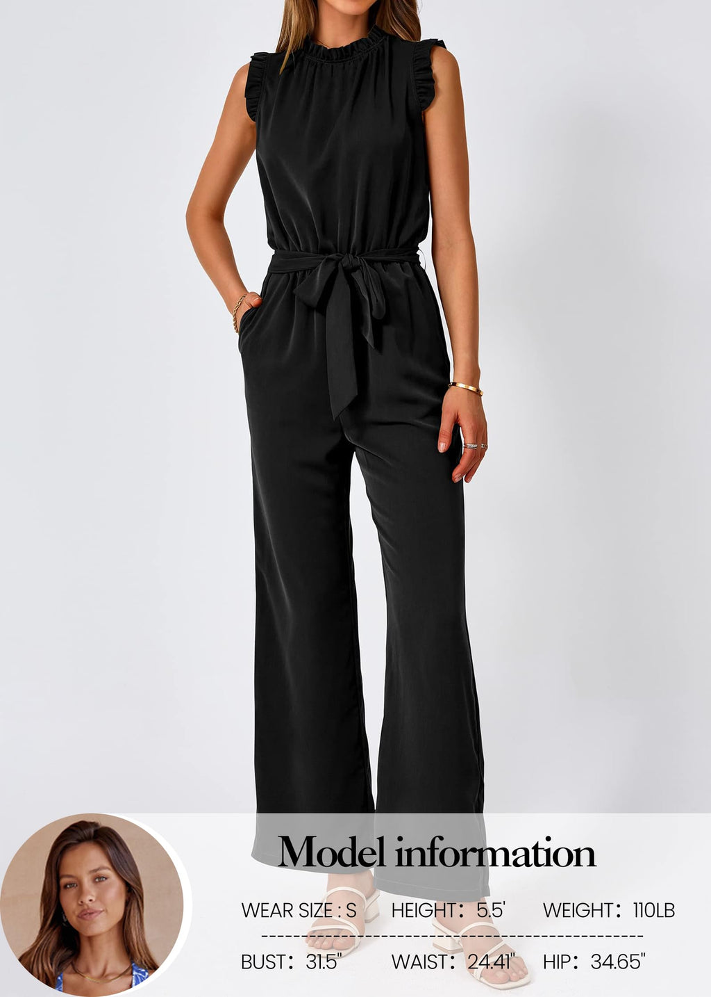 FreshPretty Jumpsuits For Women Dressy Summer One Piece Sleeveless Ruffle Mock Neck Belt Pockets Formal Wide Leg Pants Romper