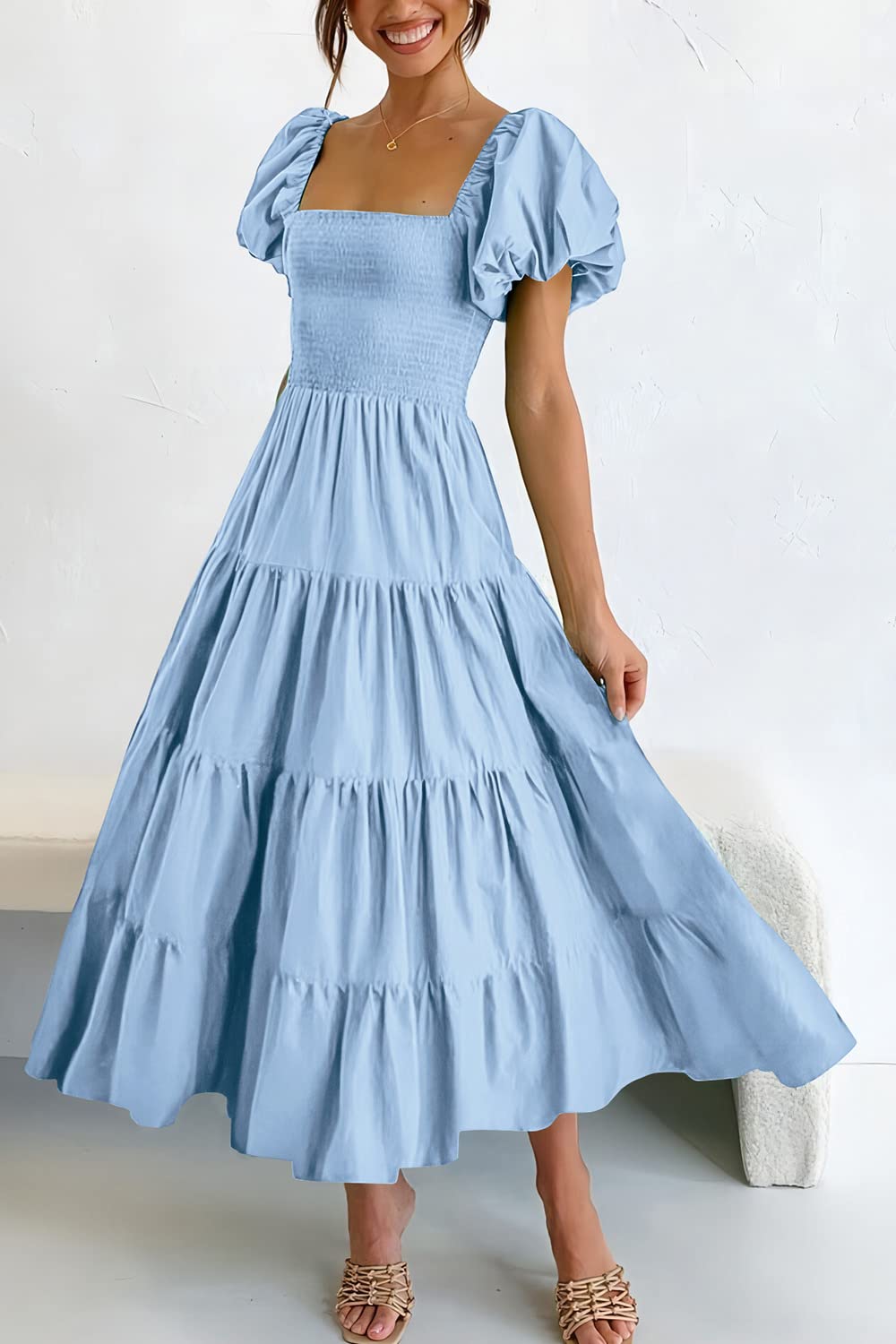 PRETTYGARDEN Women's Casual Summer Midi Dress Puffy Short Sleeve Square Neck Smocked Tiered Ruffle Dresses