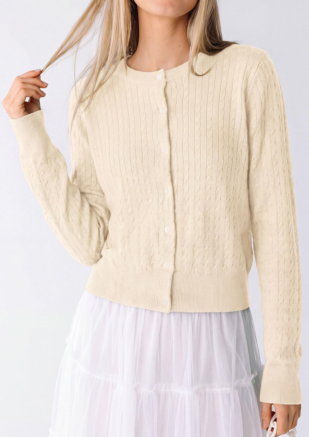 PRETTYGARDEN Women Lightweight Button Up Cardigan Sweaters | Soft Stretchy, Cozy Cable Knit, Long Sleeve Crew Neck, Trendy Cardigans, Cute Casual Outfits, Early Fall Fashion Clothing
