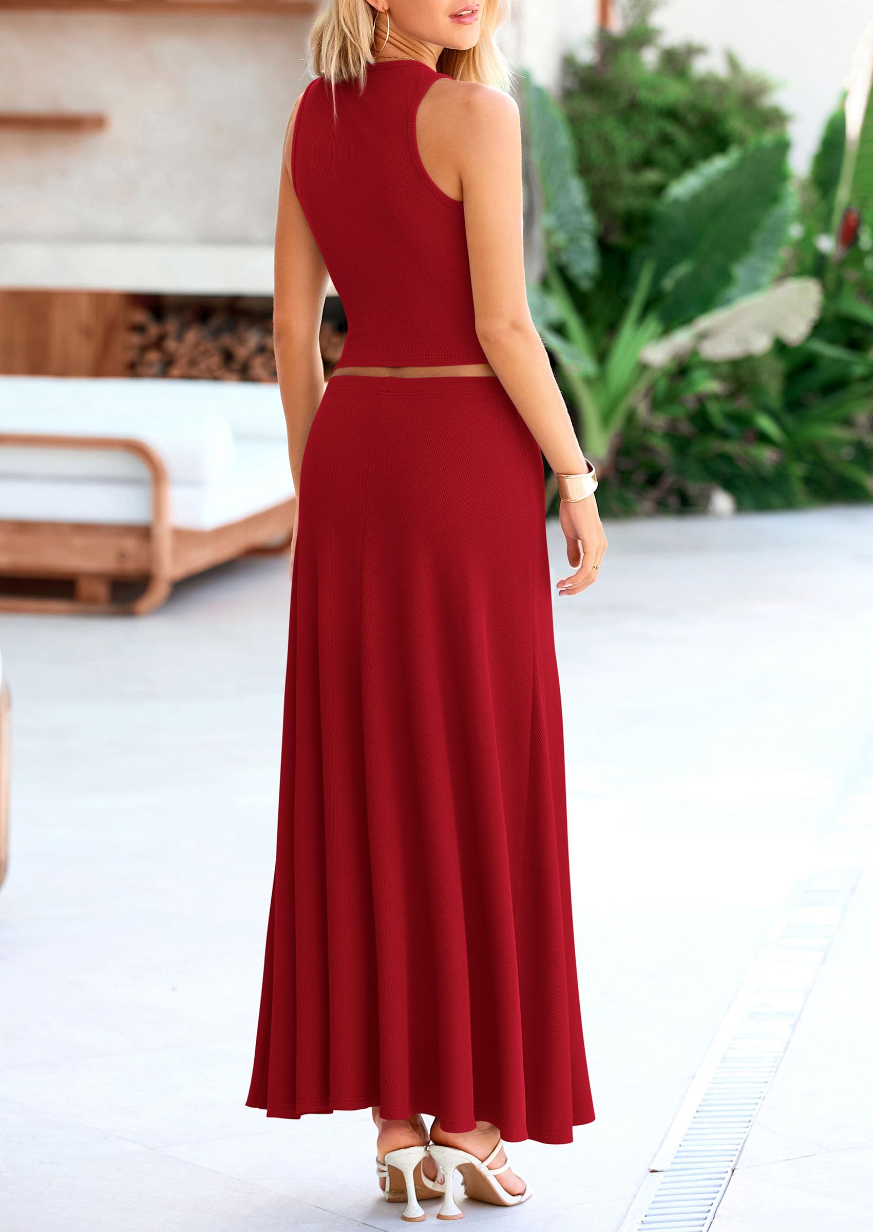 PRETTYGARDEN Women's 2 Piece Maxi Skirt Sets Casual Summer Knit Cropped Tank Top High Waisted Long Skirts Outfit
