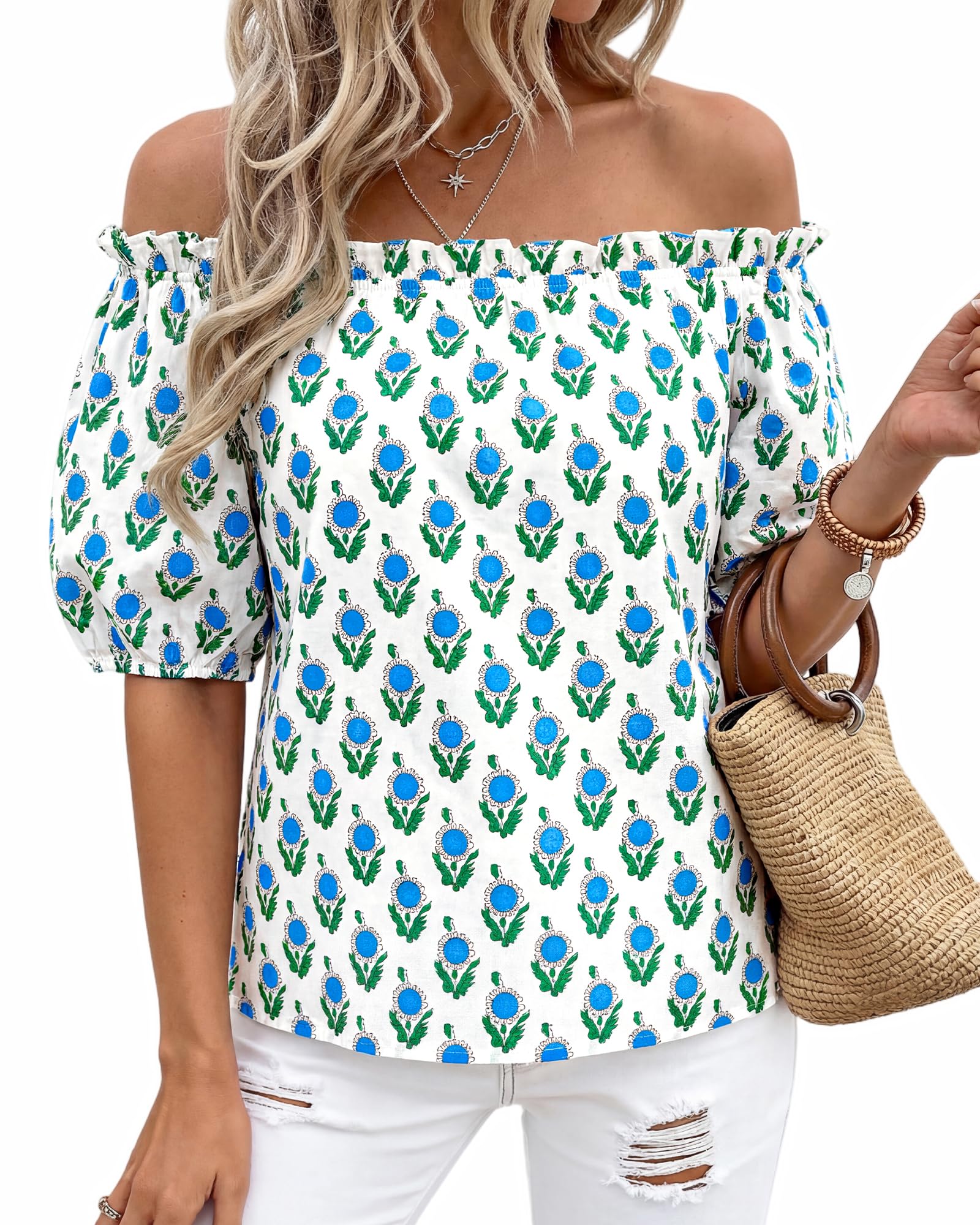 BTFBM Off The Shoulder Spring Tops for Women Summer Blouses Boho Floral Short Sleeve Shirts Dressy Casual Outfits