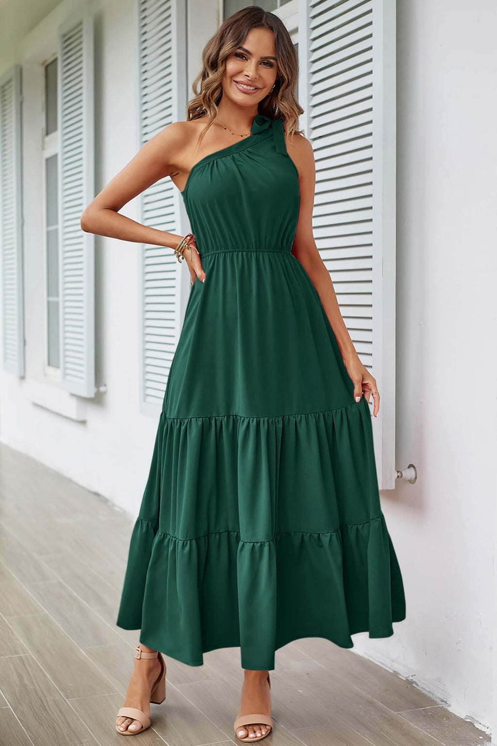 PRETTYGARDEN Women's Summer Floral One Shoulder Maxi Dress Knot Ruffle Boho Beach Vacation Wedding Guest Long Sun Dresses