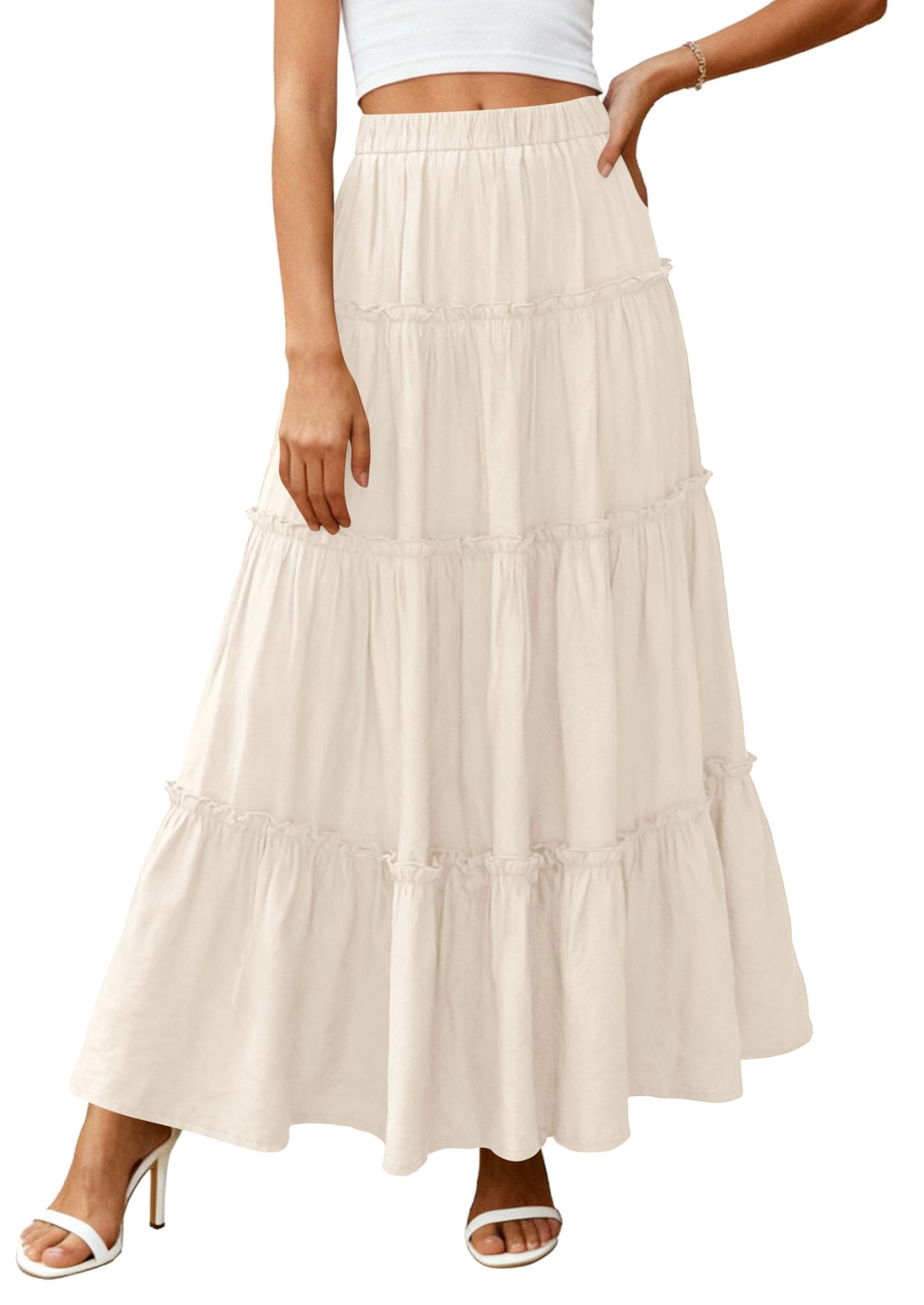 PRETTYGARDEN Women's Tiered Maxi Skirt Summer Spring Fashion High Waisted Long Flowy Casual Boho Beach Vacation Clothes