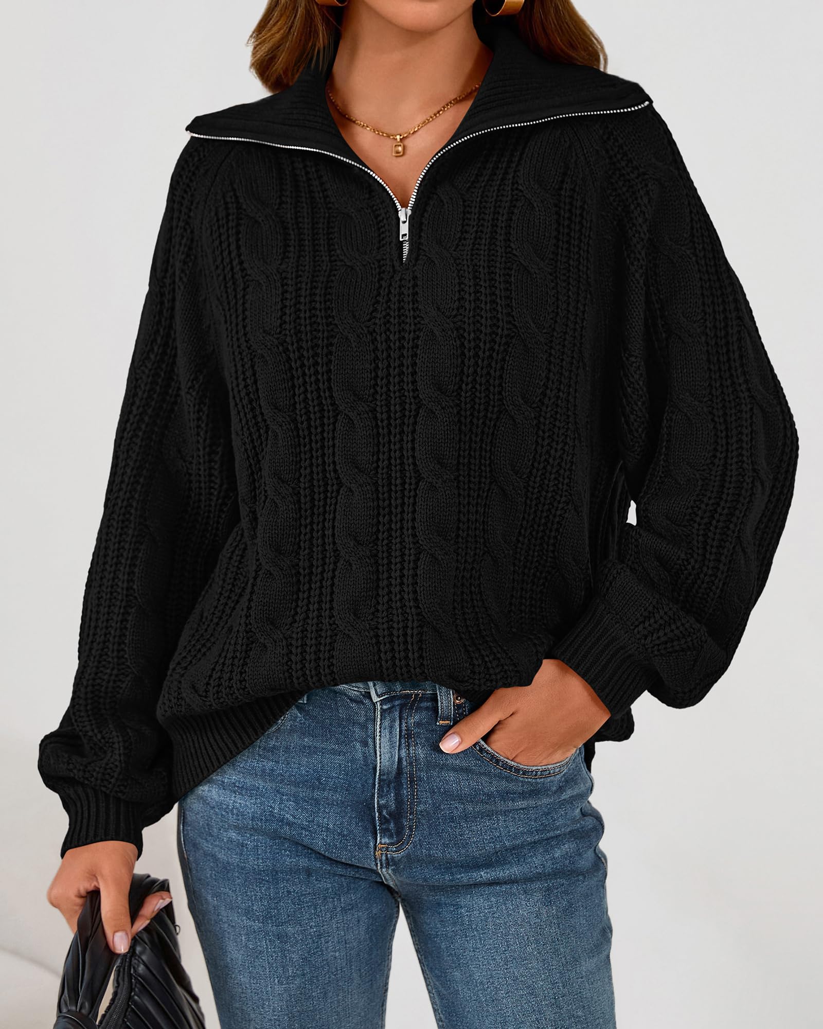 BTFBM Sweaters for Women Fall Fashion Loose Quarter Zip Pullover Collared Long Sleeve Cable Knit Winter Clothes