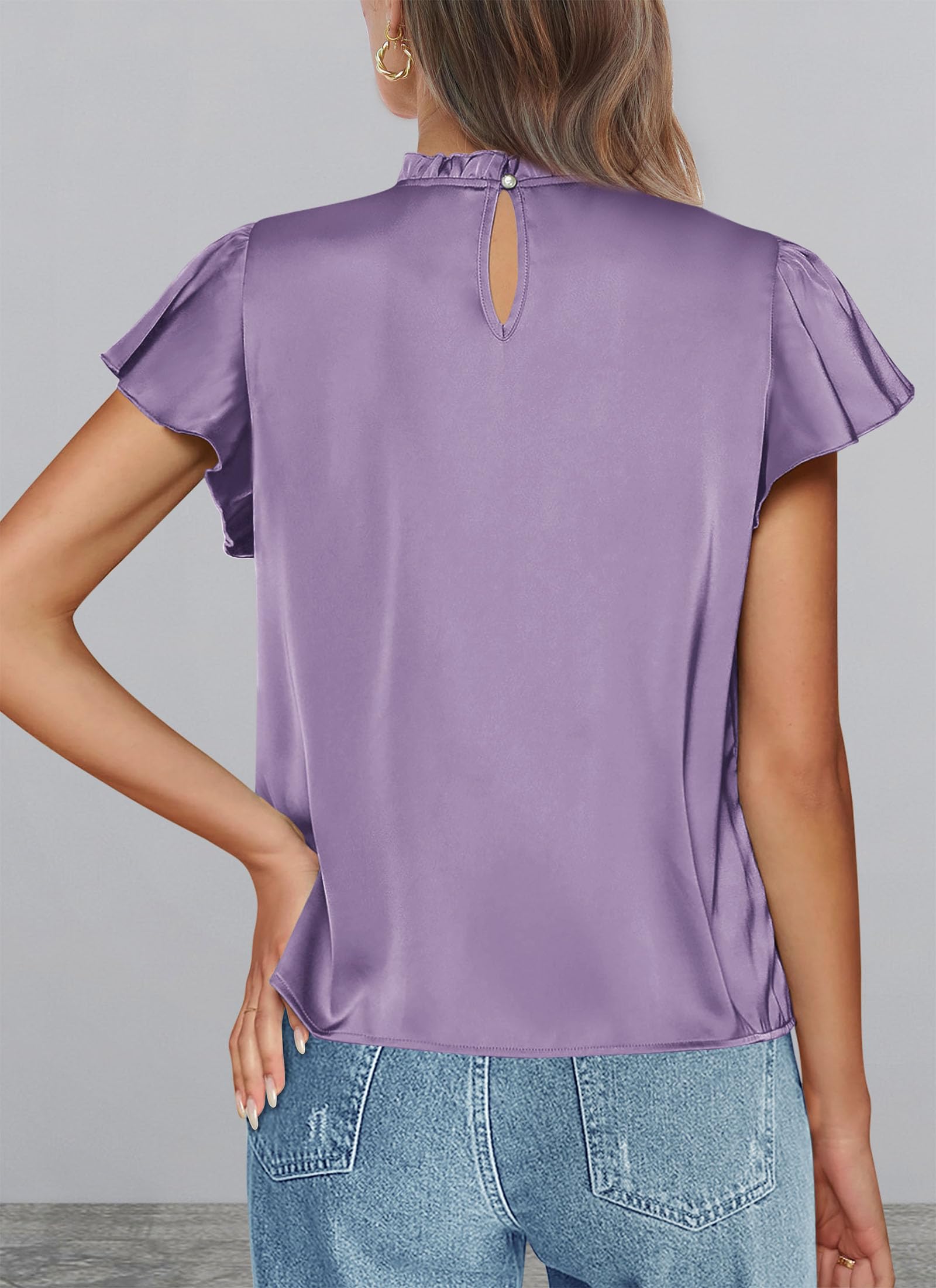 PRETTYGARDEN Business Casual Tops for Women Blouses Dressy  Summer Short Sleeve Ruffle Satin Work Office Attire