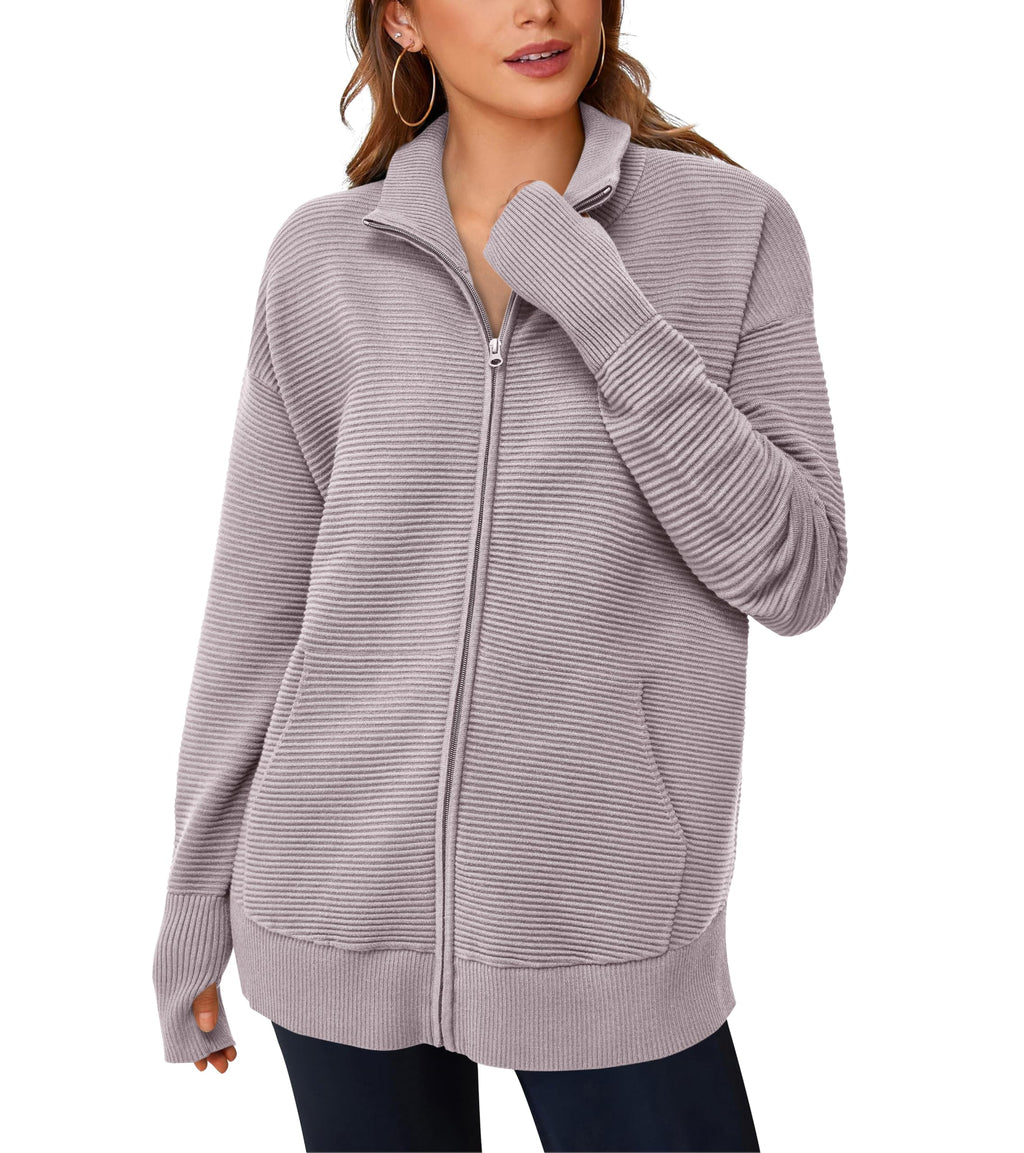PRETTYGARDEN Womens Fall Long Sleeve Zip Up Cardigan Sweaters Casual Loose Collared Ribbed Knit Tops Jackets Thumb Hole