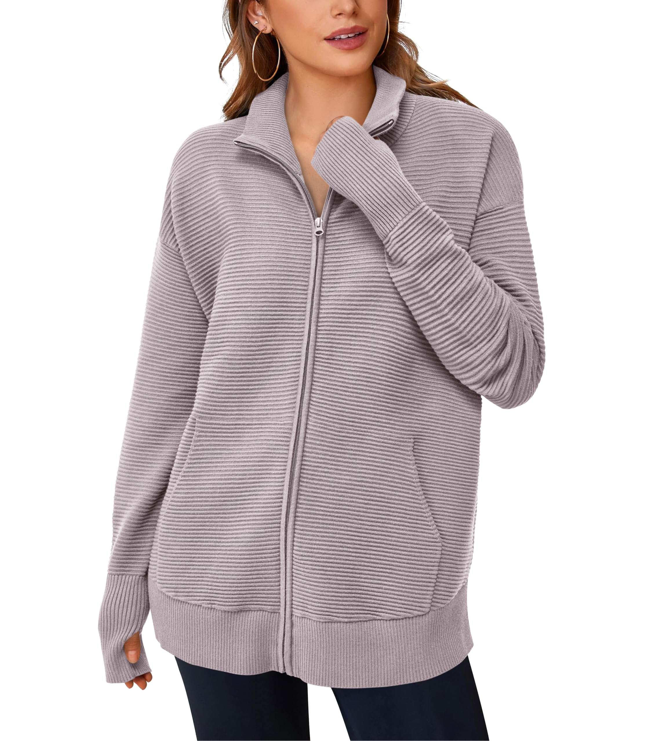 PRETTYGARDEN Womens Fall Long Sleeve Zip Up Cardigan Sweaters Casual Loose Collared Ribbed Knit Tops Jackets Thumb Hole