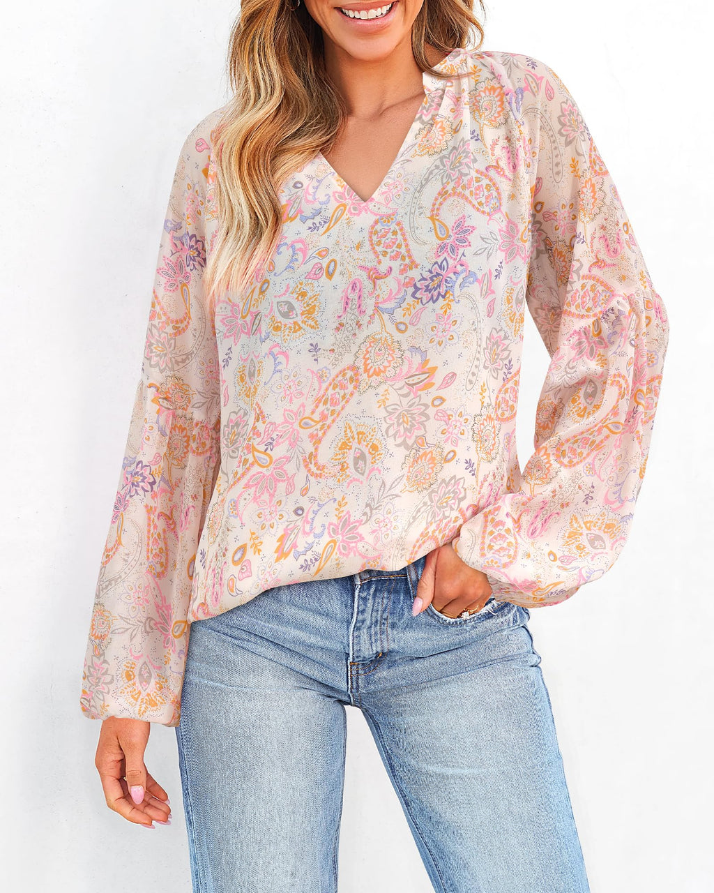 BTFBM Blouses for Women Dressy Casual Floral Summer Boho Tops V Neck Lightweight Long Sleeve Shirts Spring Clothes