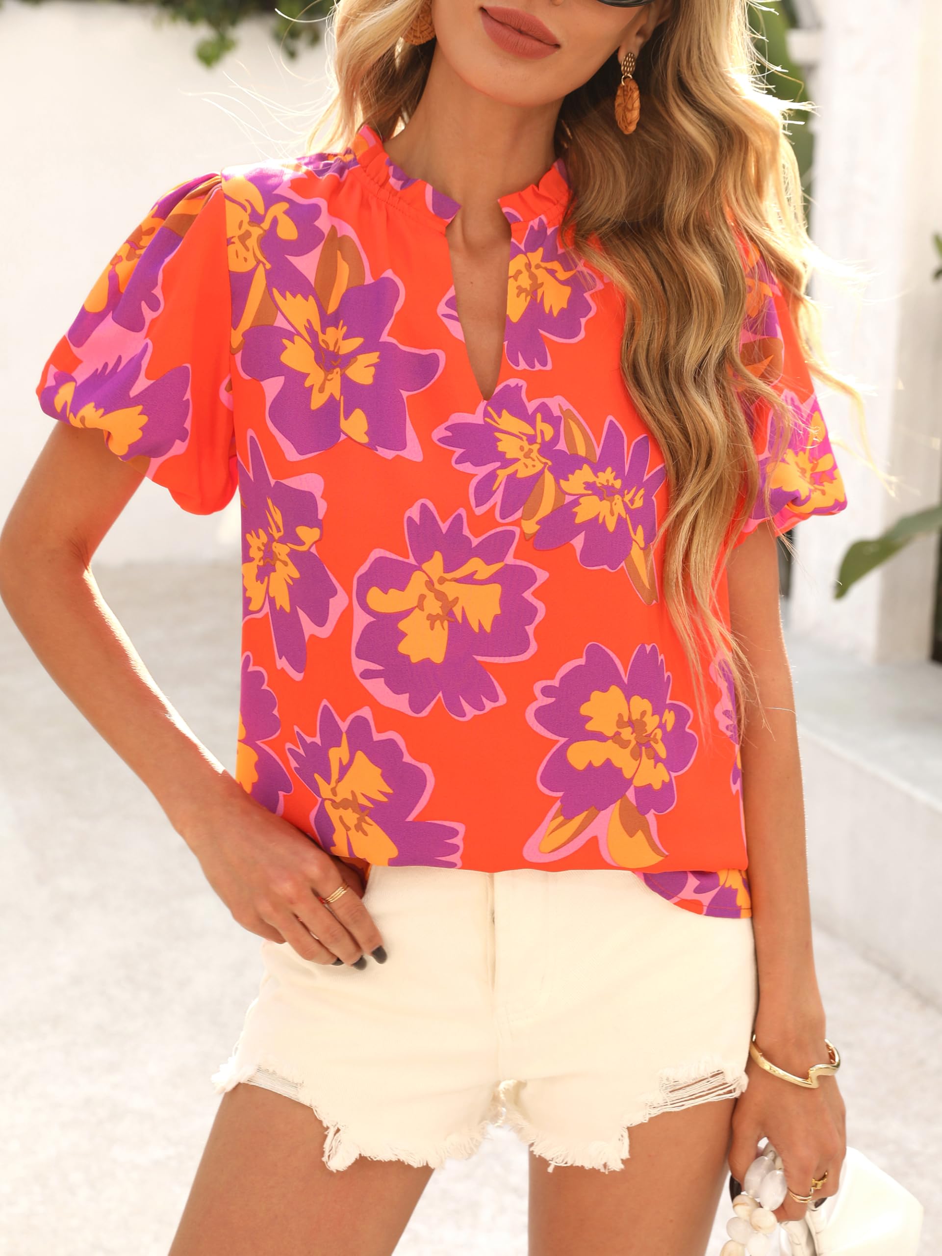 PRETTYGARDEN Boho Short Sleeve Floral Work Blouses for Women Dressy Casual V Neck Puff Sleeve Loose Chiffon Flowy Tops Shirts
