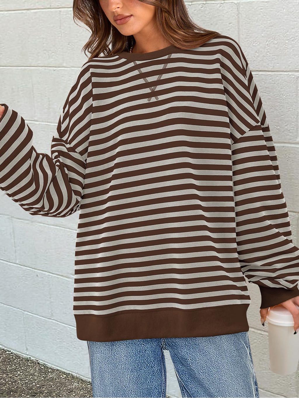 PRETTYGARDEN Womens Striped Oversized Sweatshirt Color Block Crew Neck Long Sleeve Casual Loose Pullover Top Y2K Clothes