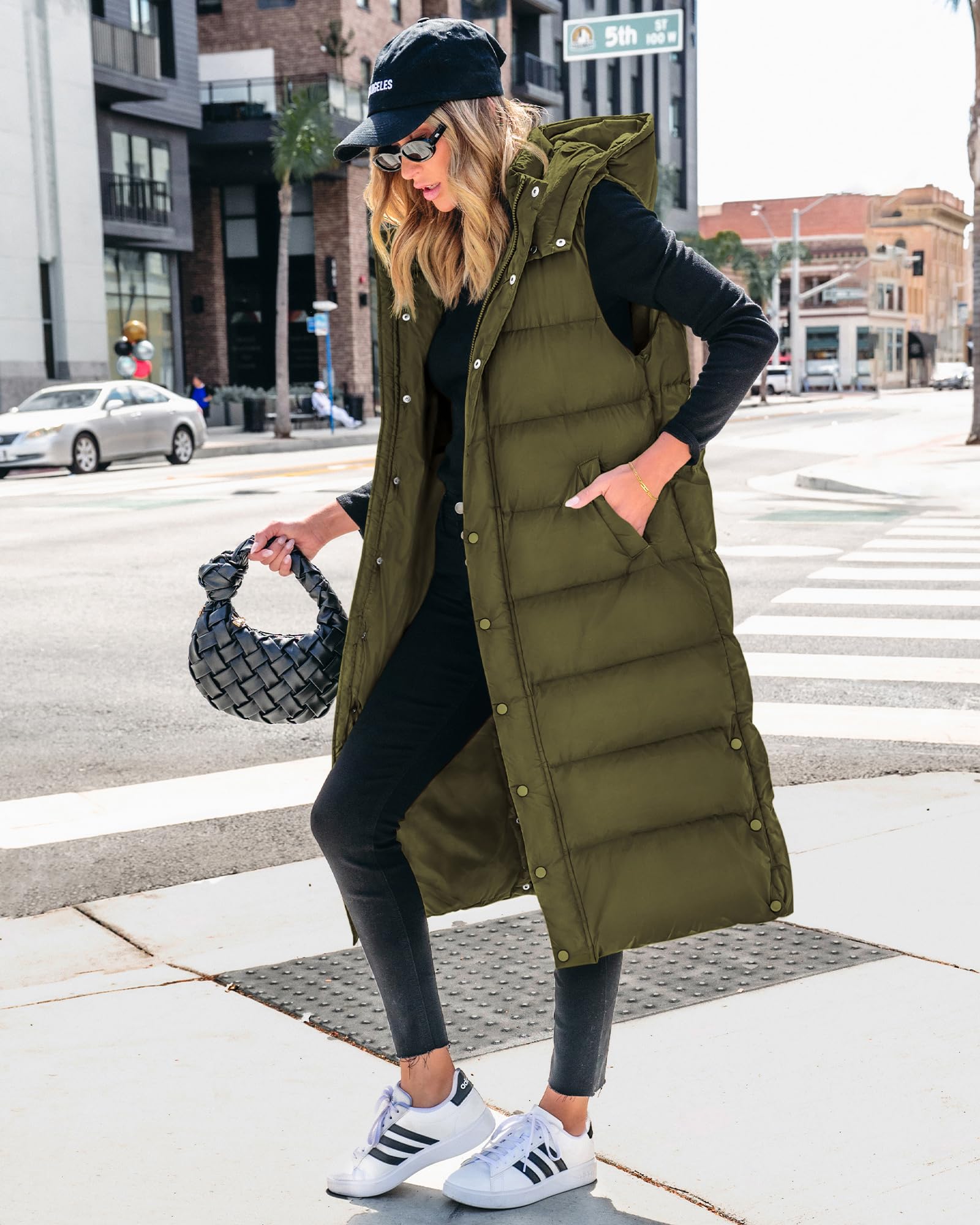 FreshPretty Long Puffer Vest Women Quilted Hooded Button Down Zip Up Sleeveless Vests Outerwear Padded Jacket Fall Winter Coat