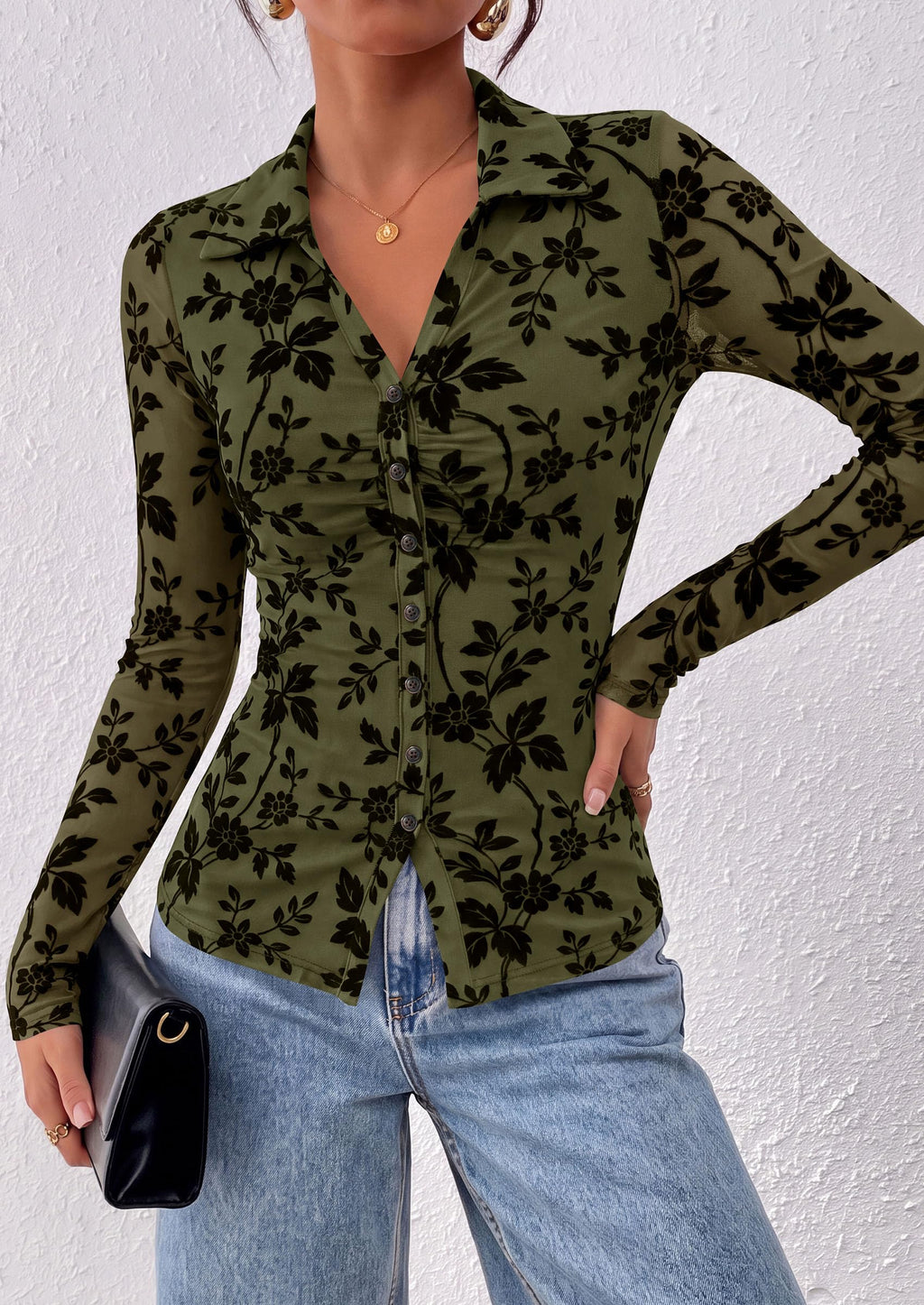 PRETTYGARDEN Women's Long Sleeve Floral Mesh Boho Tops Button Down Shirts Fall Blouses Dressy, Ruched Slim Fit, Collared V Neck, Trendy Going Out Date Night Outfit, Elegant Casual Work Office Clothes