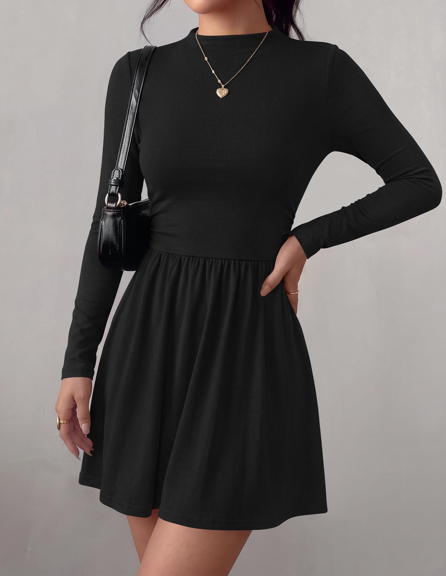 BTFBM Long Sleeve Dresses for Women Mock Neck A Line Flowy Mini Dress Swing Pleated Hem,Cocktail Party Club Holiday Going Out Outfits,Dressy Casual Winter,Trendy Early Fall Fashion Clothing