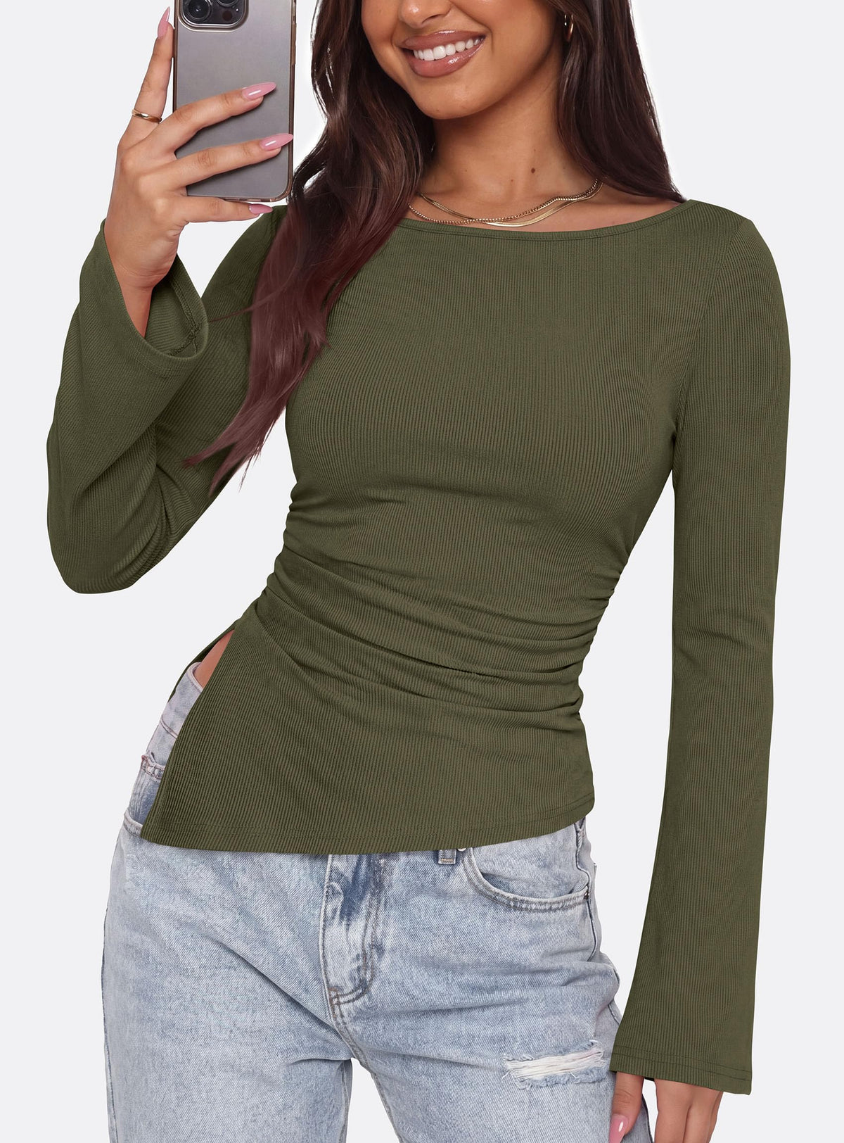 PRETTYGARDEN Women's Bell Long Sleeve Shirts Fall Boat Neck Ruched Asymmetrical Going Out Tops Ribbed Y2K Clothes