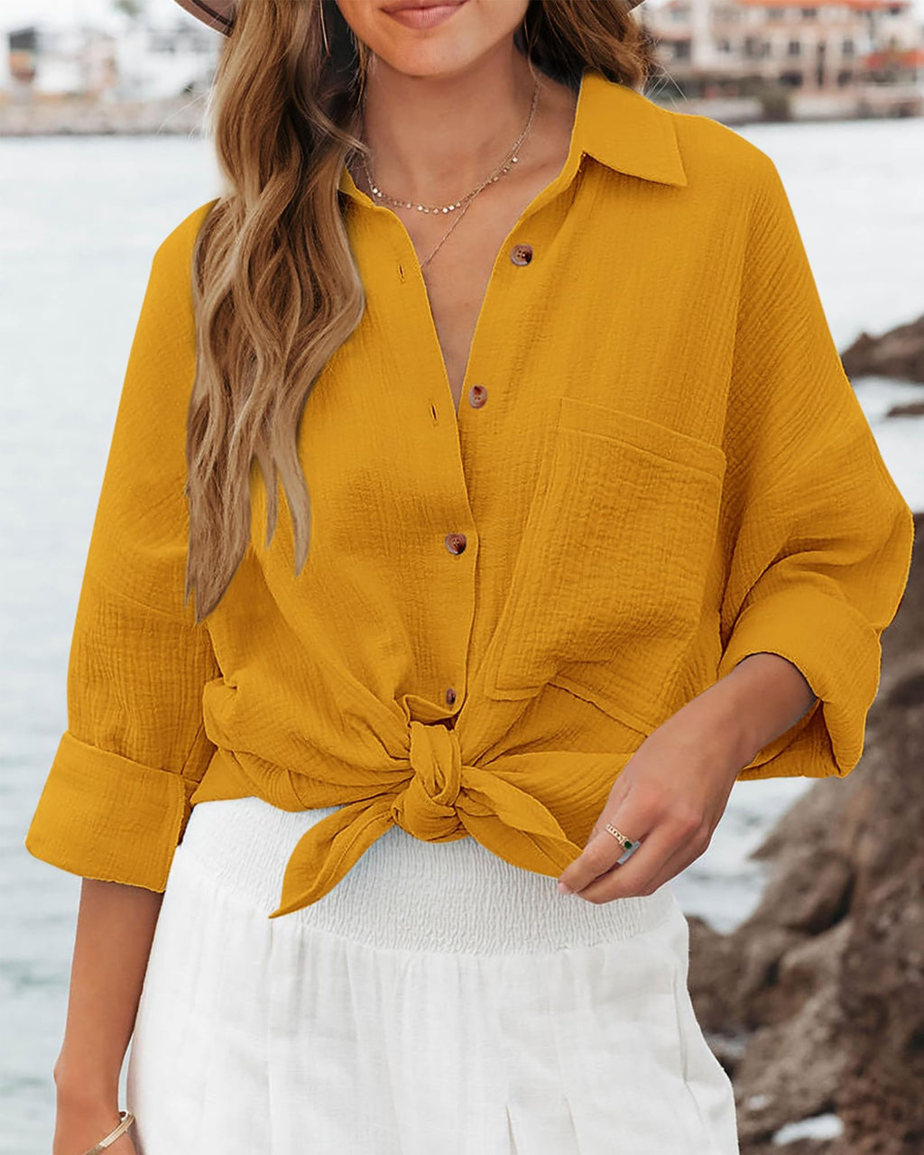 FreshPretty Casual Shirts for Women Long Sleeve Button Down Blouses Fall Solid Color Trendy Tops with Pocket