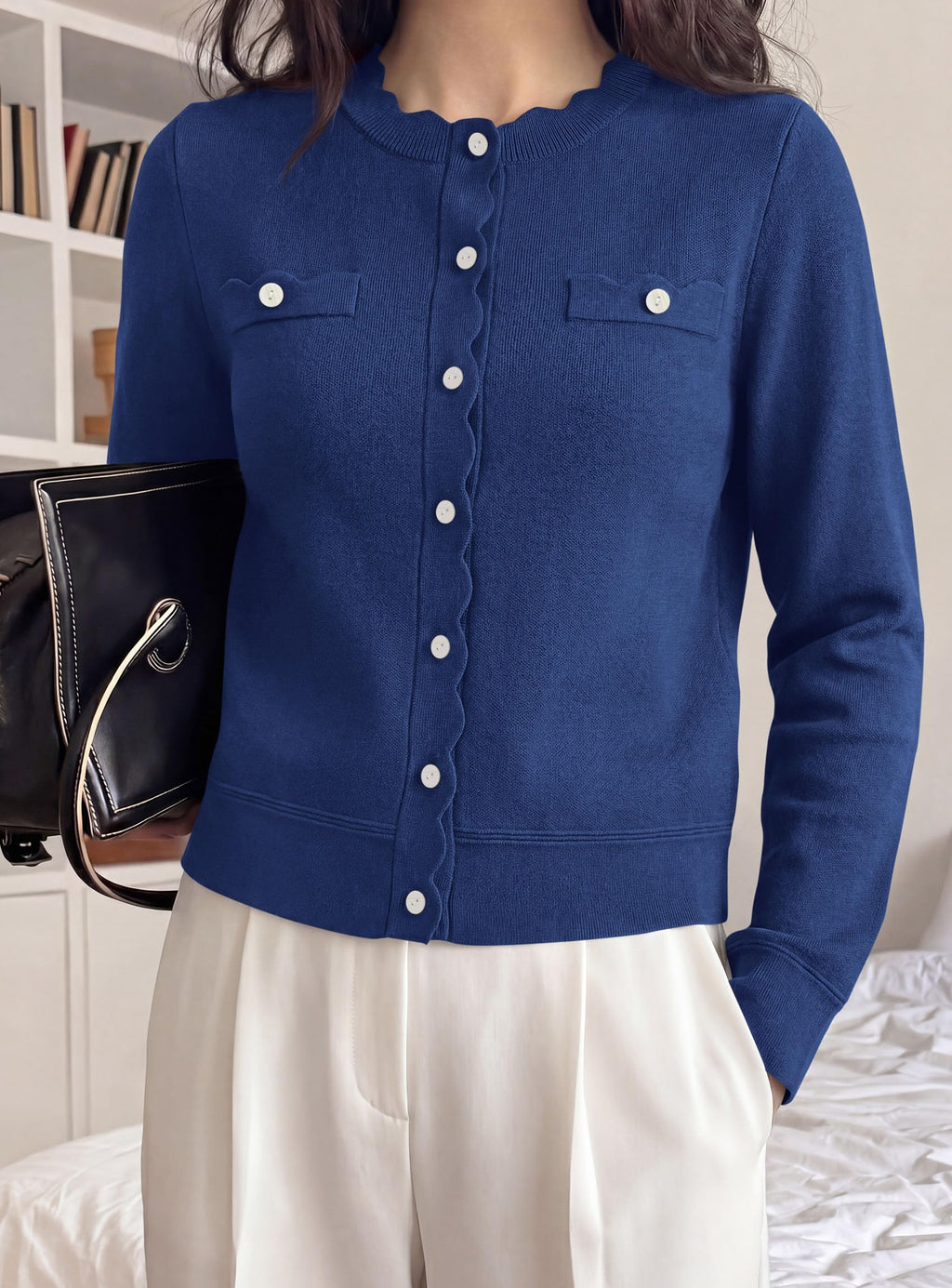 PRETTYGARDEN Cardigan Sweaters for Women Scalloped Button Up Fall Outfits Soft Knit Long Sleeve Knit Tops,Crew Neck,Business Casual Outfits,Office Work Lightweight Sweater,Layers Clothes