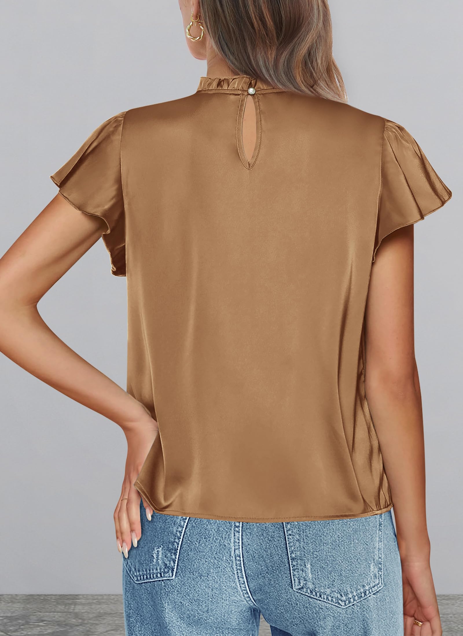 PRETTYGARDEN Business Casual Tops for Women Blouses Dressy  Summer Short Sleeve Ruffle Satin Work Office Attire