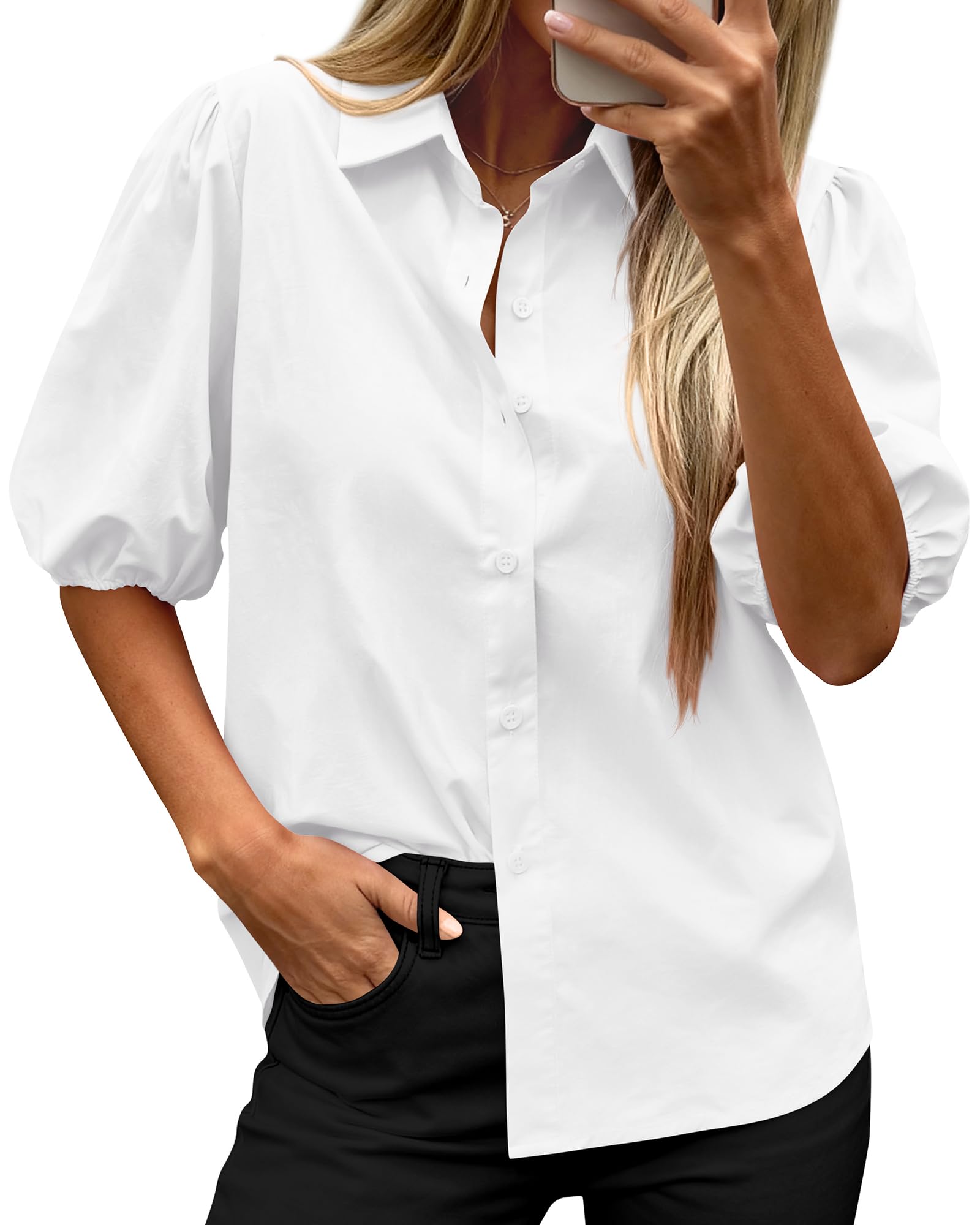 BTFBM Women's Button Down Shirts Short Puff Sleeve Collared V Nec Summer Tops Dressy Casual Work Business Blouses