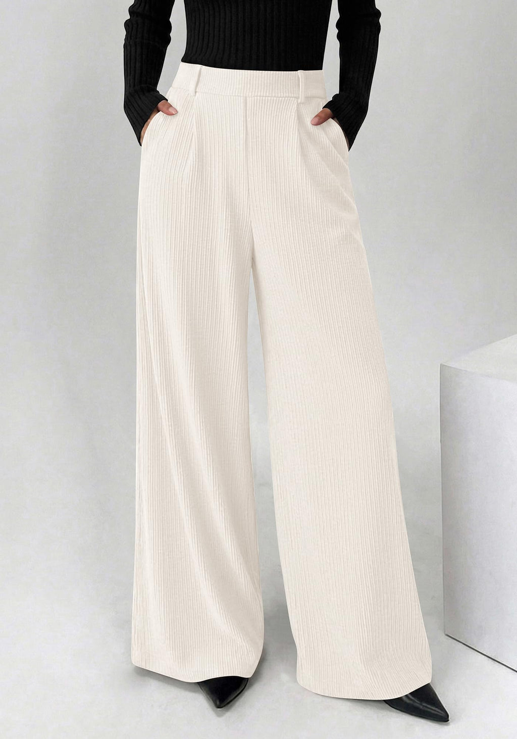 BTFBM Wide Leg Pants for Women Dressy Work Business Casual Elastic High Waisted Trousers Ribbed Lounge Palazzo Pants