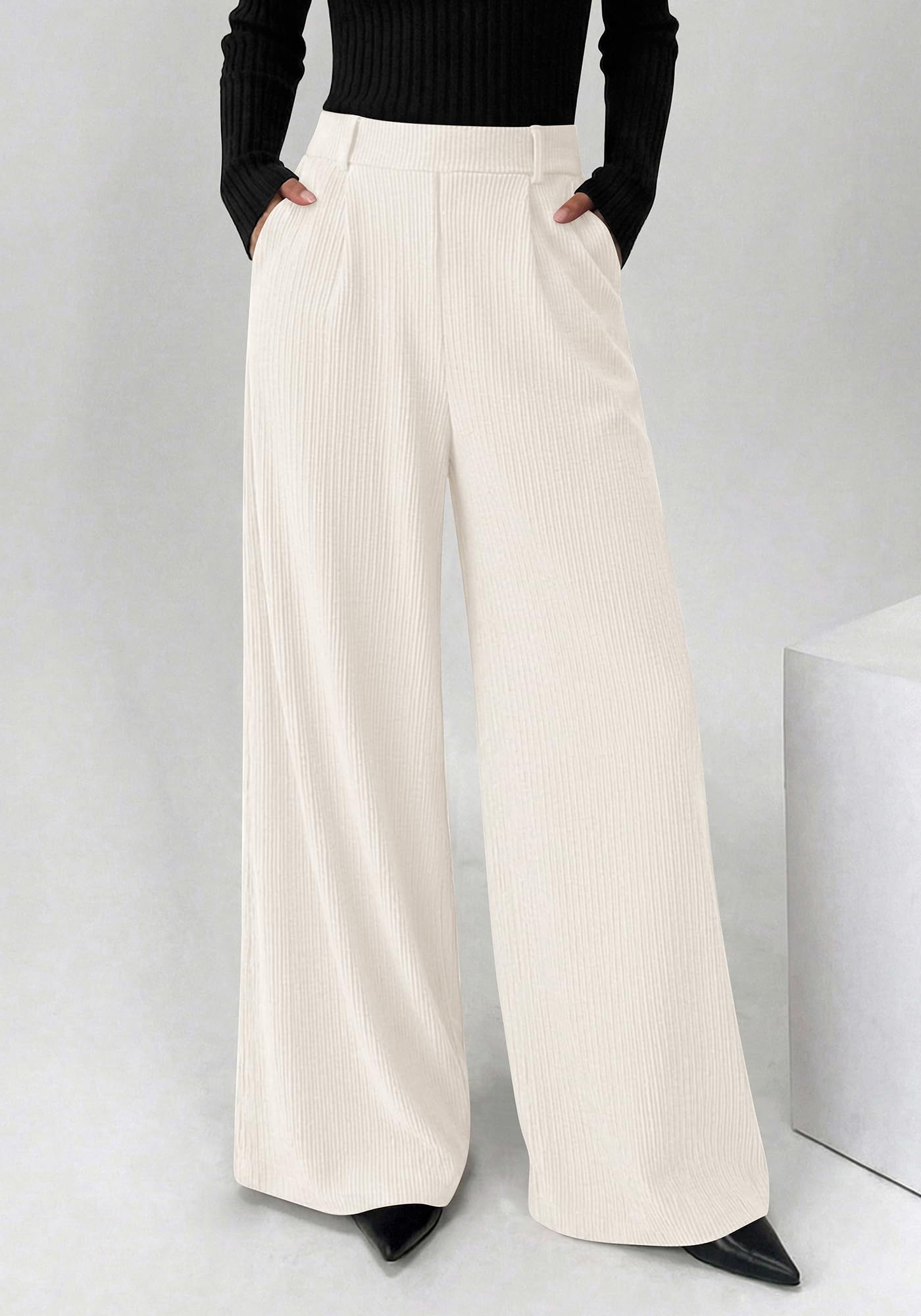 BTFBM Wide Leg Pants for Women Dressy Work Business Casual Elastic High Waisted Trousers Ribbed Lounge Palazzo Pants