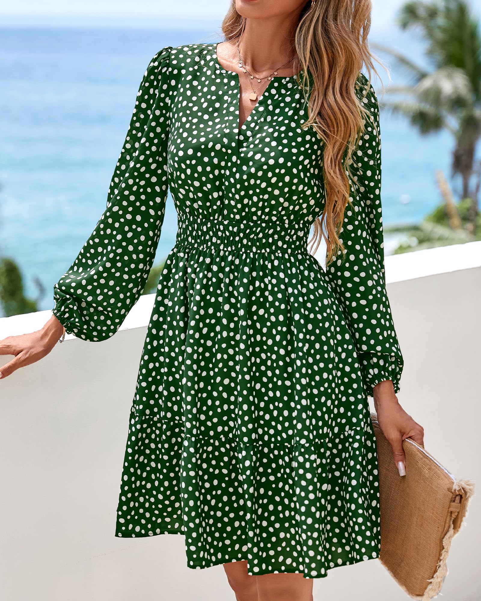 BTFBM Spring Dresses for Women Mini Long Sleeve Elastic Waist Summer Vacation Outfits Floral Wedding Guest Dress