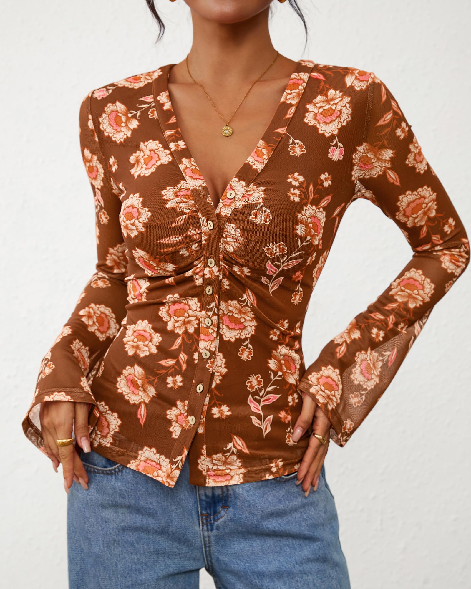 FreshPretty Button Down Shirts for Women Fall Fashion V Neck Long Sleeve Blouse Ruched Mesh Fitted Floral Print Boho Tops