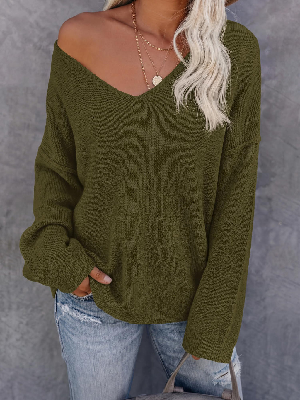 BTFBM Women's Loose Knitted Casual Sweaters | V Neck,Long Sleeve Sweater,Slouchy Pullover Tops,Fall Winter Clothes
