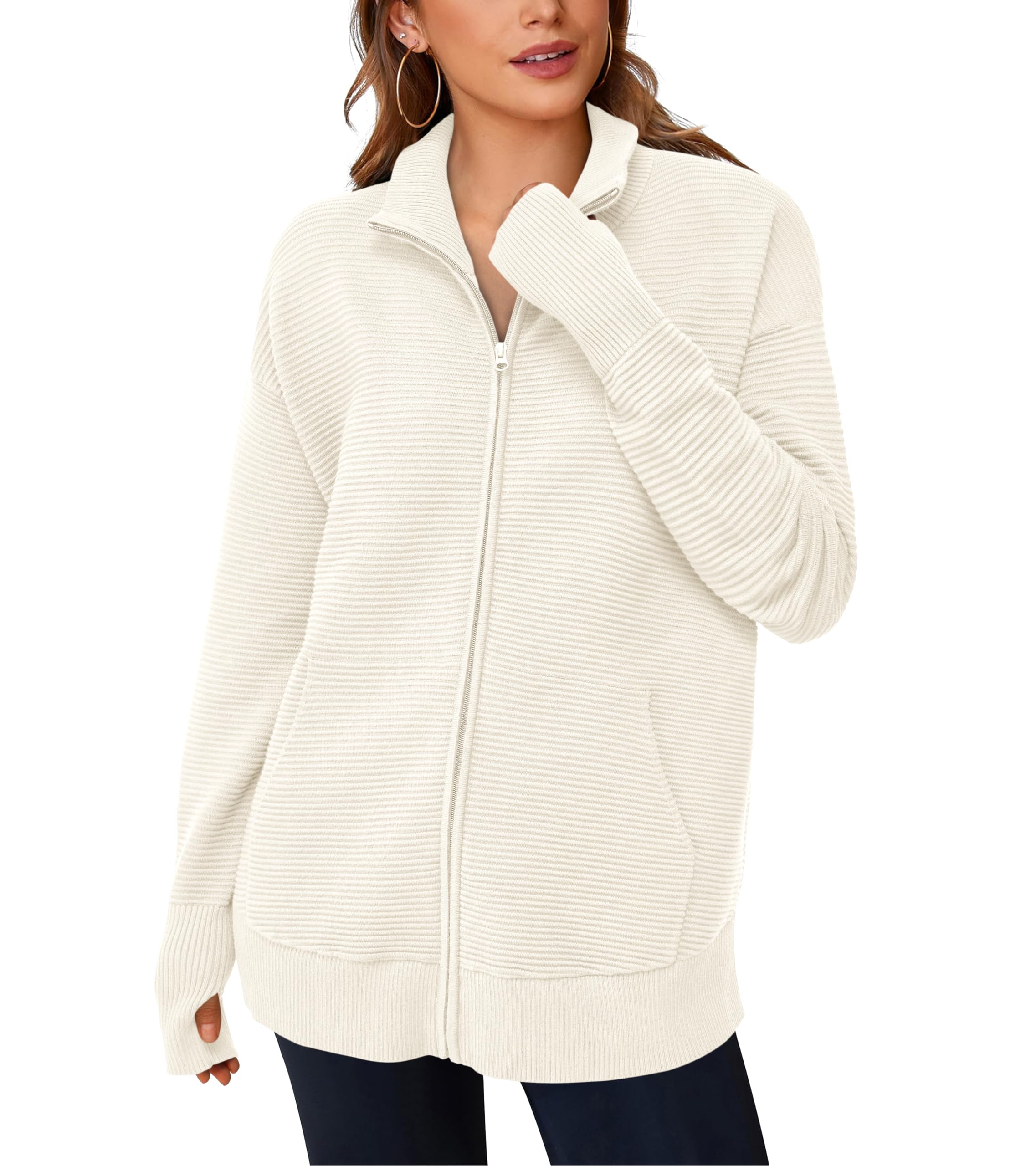 PRETTYGARDEN Womens Fall Long Sleeve Zip Up Cardigan Sweaters Casual Loose Collared Ribbed Knit Tops Jackets Thumb Hole