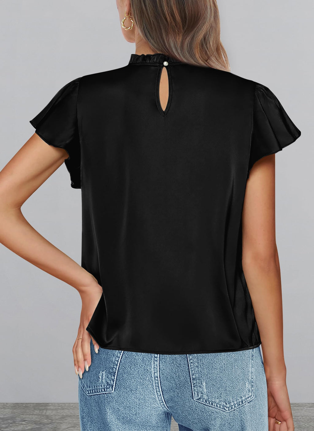 PRETTYGARDEN Business Casual Tops for Women Blouses Dressy  Summer Short Sleeve Ruffle Satin Work Office Attire