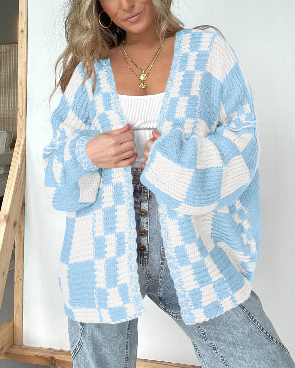 BTFBM Casual Cardigan Sweater for Women Fall Long Sleeve Sweaters Fall Outfits, Loose Fit,Solid,Open Front Chunky Knit Sweaters,Chunky Cardigan Sweaters For Women,Checkered Outwear Coat