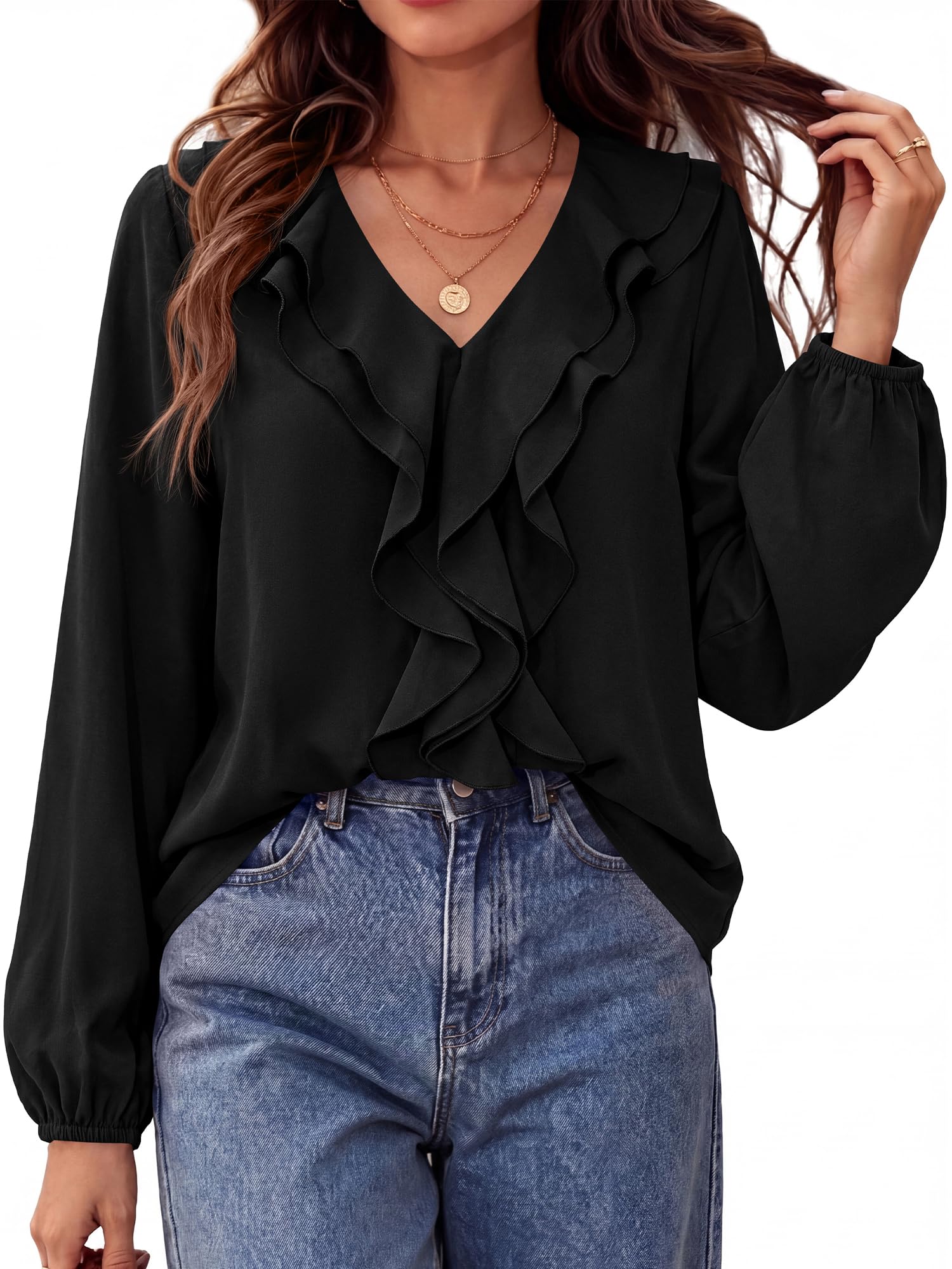 BTFBM Womens Fall Tops Ruffle Blouses Dressy Casual | Double Ruffled Collar V Neck Long Sleeve Shirts, Lightweight Fashion Clothing Trendy, Daily Business Office Work Clothes