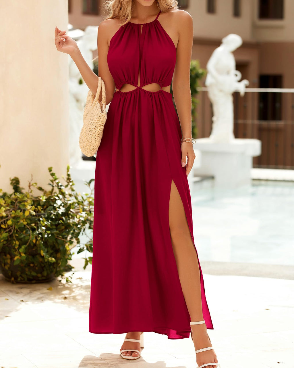 BTFBM Women Halter Summer Dresses Sleeveless Cutout Backless Sundress Slit Boho Maxi Beach Wedding Guest Dress