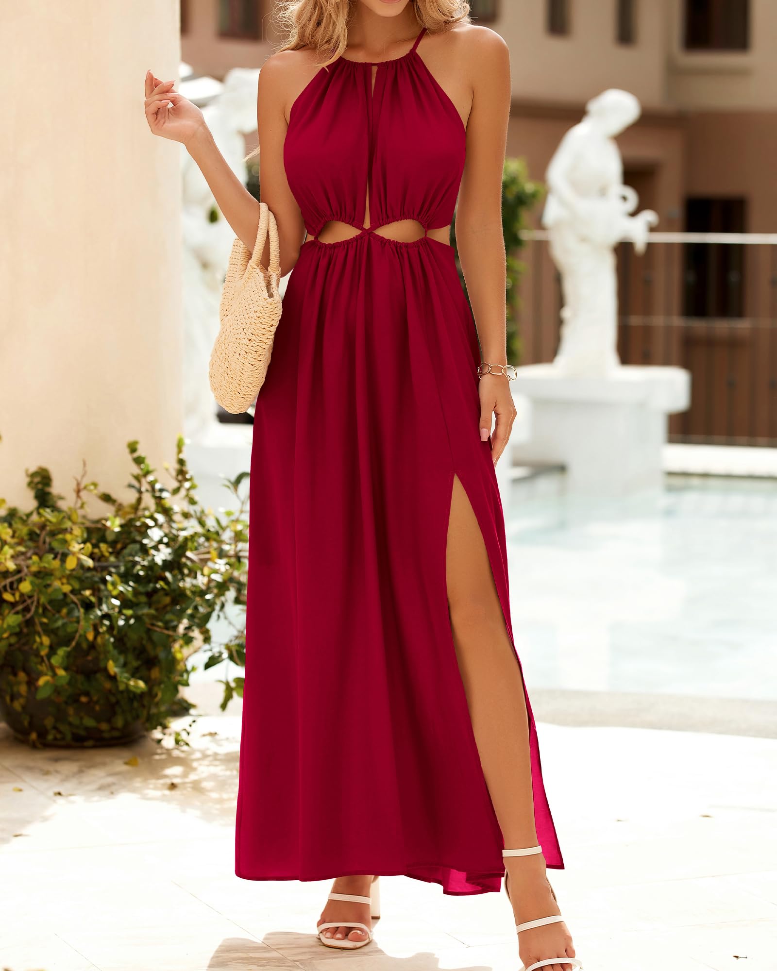 BTFBM Women Halter Summer Dresses Sleeveless Cutout Backless Sundress Slit Boho Maxi Beach Wedding Guest Dress