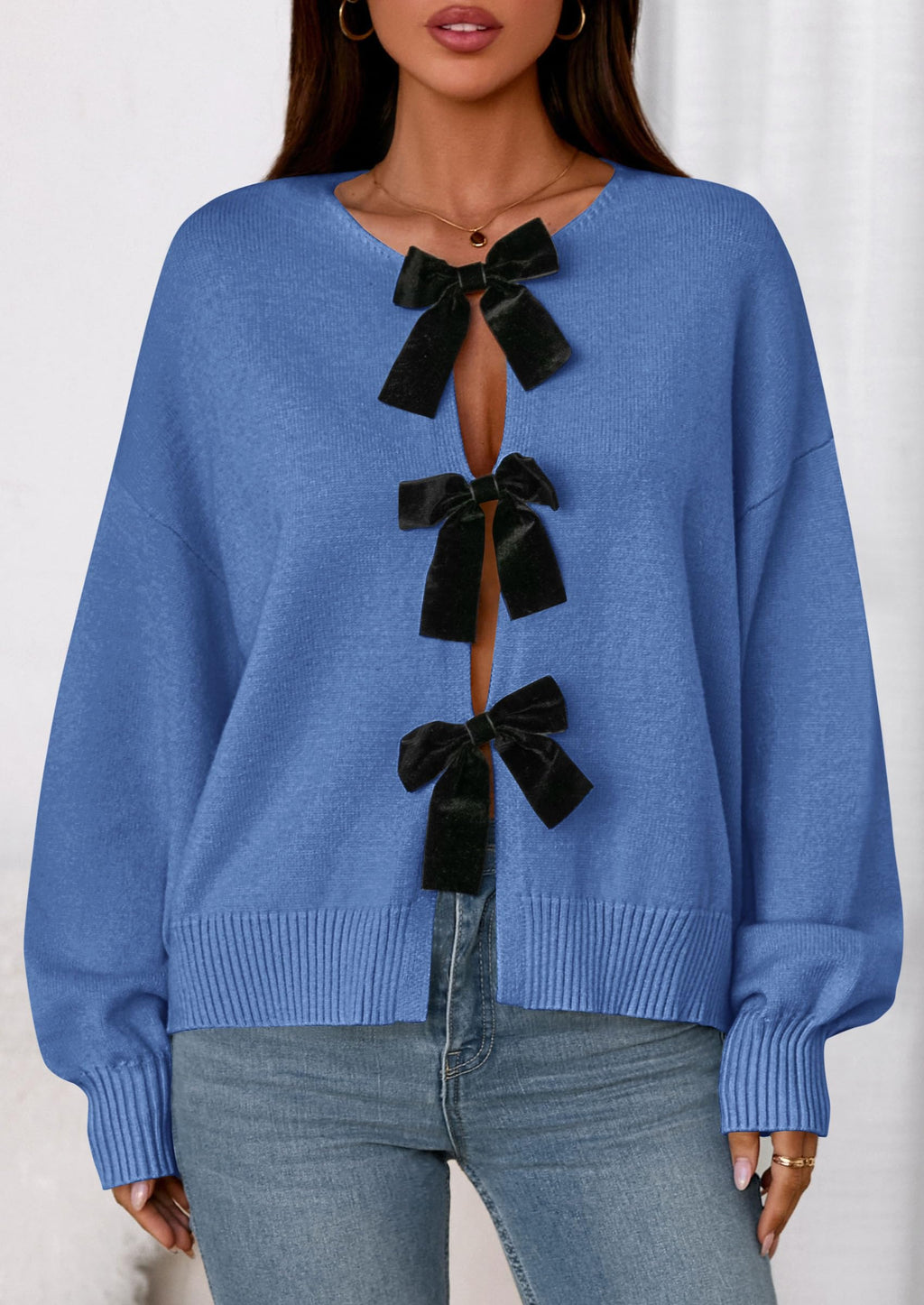PRETTYGARDEN Cardigan Sweaters for Women Fall Fashion Bow Tie Front Long Sleeve Knit Sweater Tops Cute Winter Clothes