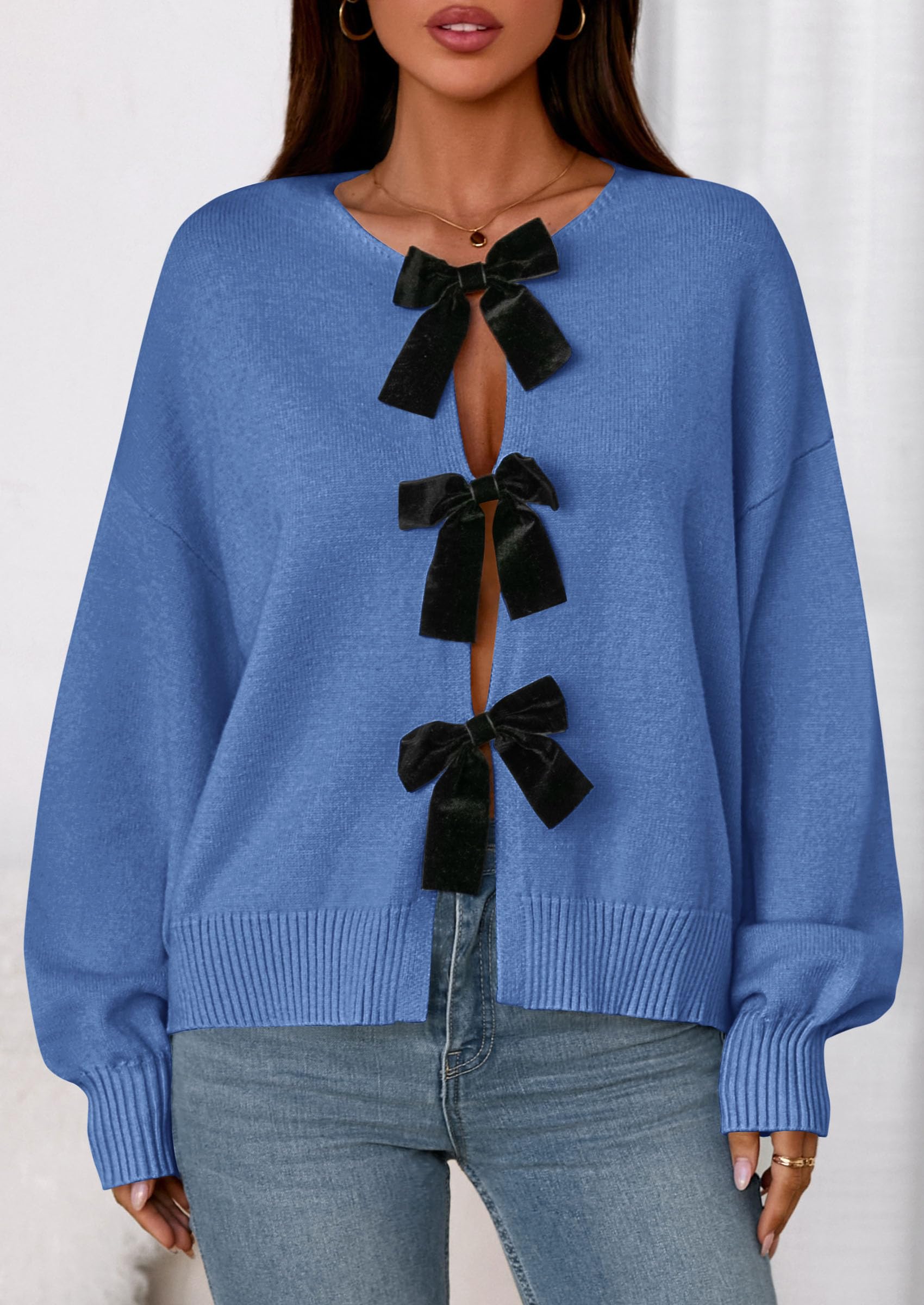 PRETTYGARDEN Cardigan Sweaters for Women Fall Fashion Bow Tie Front Long Sleeve Knit Sweater Tops Cute Winter Clothes
