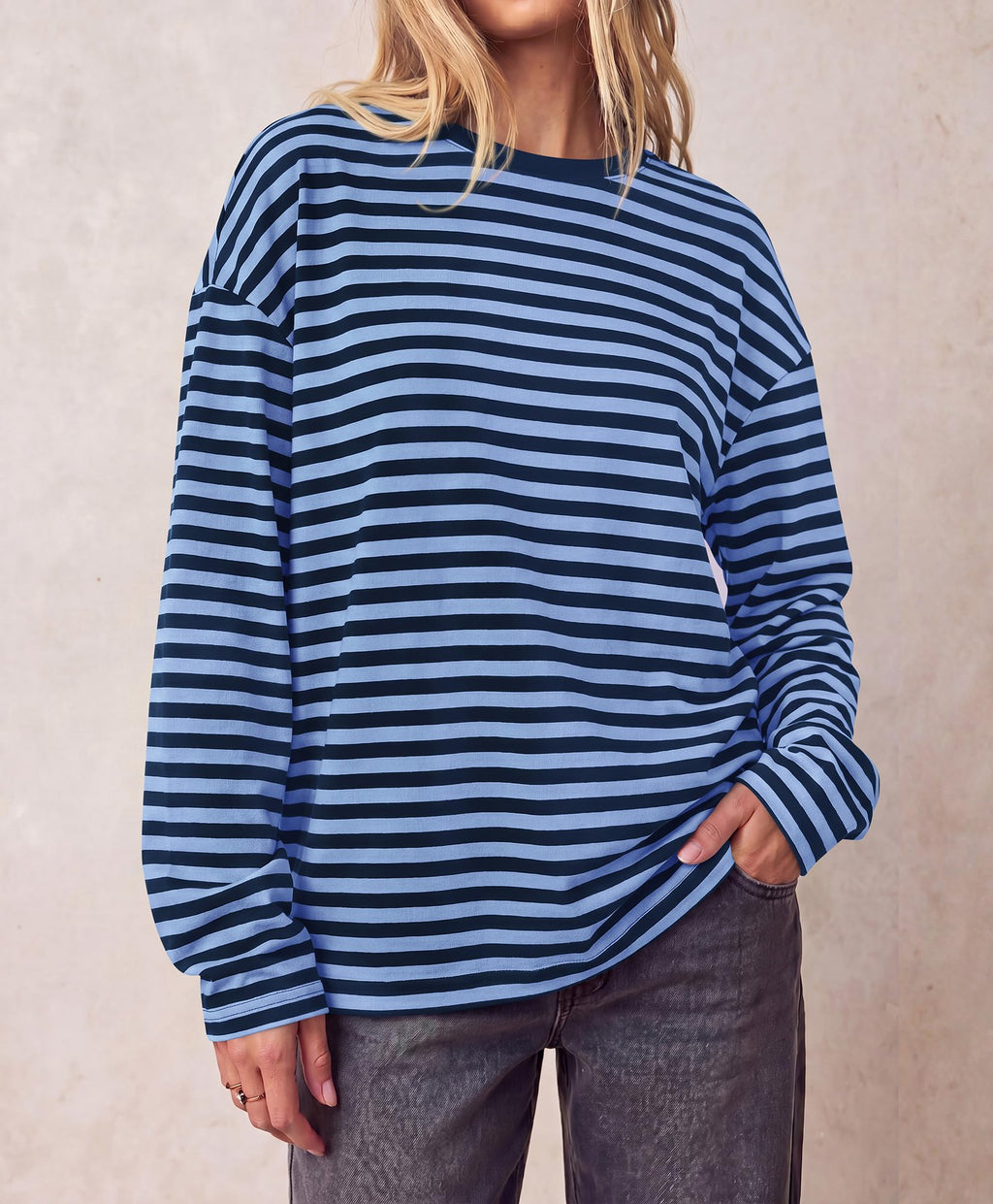 BTFBM Womens Long Sleeve Tops Fall Fashion | Lightweight, Crew Neck, Oversized Striped Shirt Women, Y2k Clothes, Vacation Travel Outfits, Going Out Top, Winter Layering