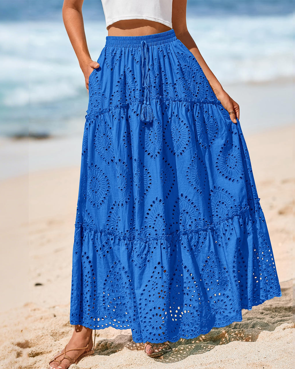 BTFBM Long Skirts for Women Summer Boho Lace Embroidery High Waist Flowy Tiered Spring Maxi Skirt Beach Vacation