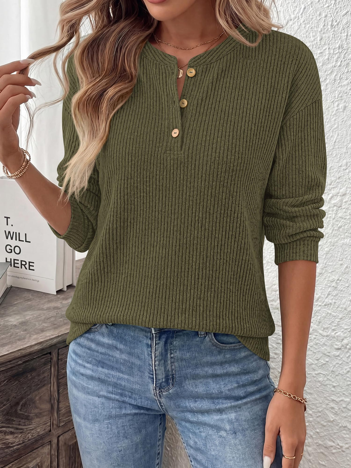 FreshPretty Henley Shirts For Women Ribbed Button Up Sweater Top,Soft Fall Long Sleeve Shirt,Lightweight Drop Shoulder Knit Tops,Dressy Casual Work Office Blouses,Teacher School Outfits