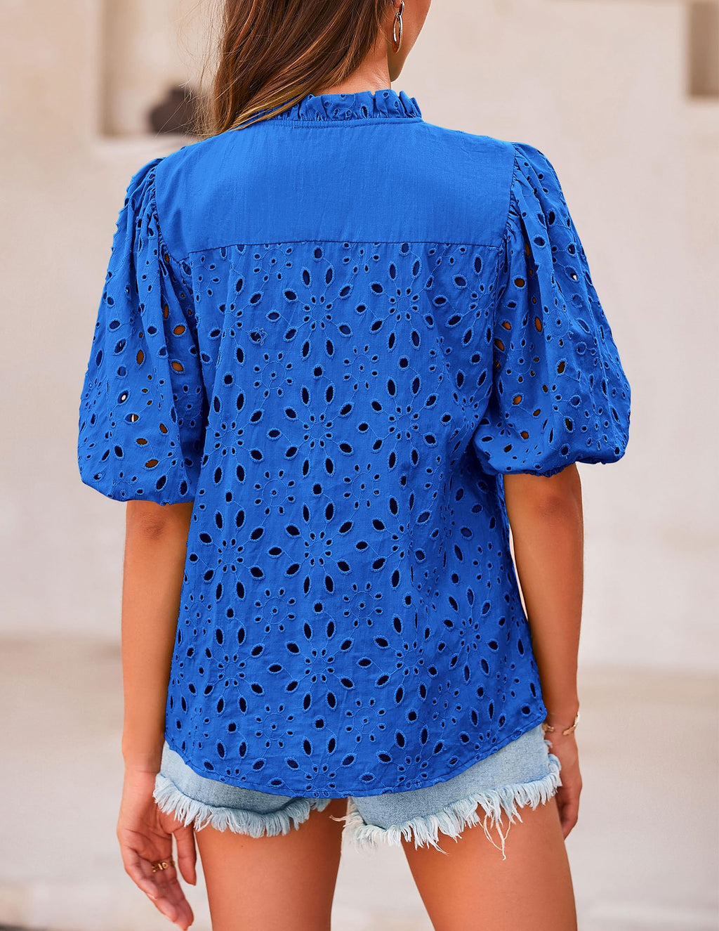 PRETTYGARDEN Women's Summer Tops Dressy Casual Short Sleeve V Neck Buttons Hollow Out Lace Embroidered Blouses Shirts