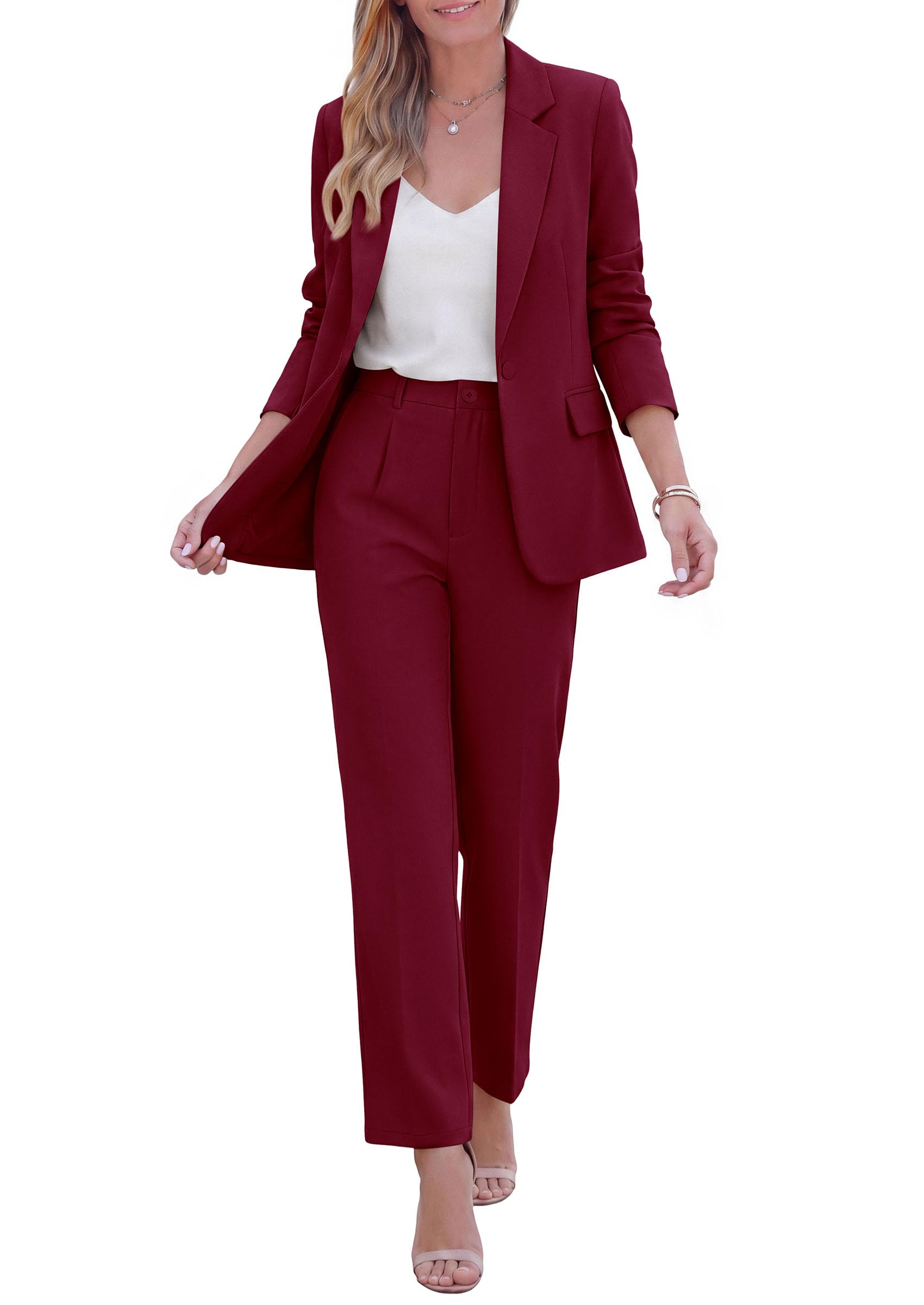 PRETTYGARDEN Two Piece Sets for Women Dressy Pant Suits Lapel Blazer,Straight Leg Dress Pants,Professional Interview Suit Set,Business Casual Outfits,Office Work Clothes,Fall Winter