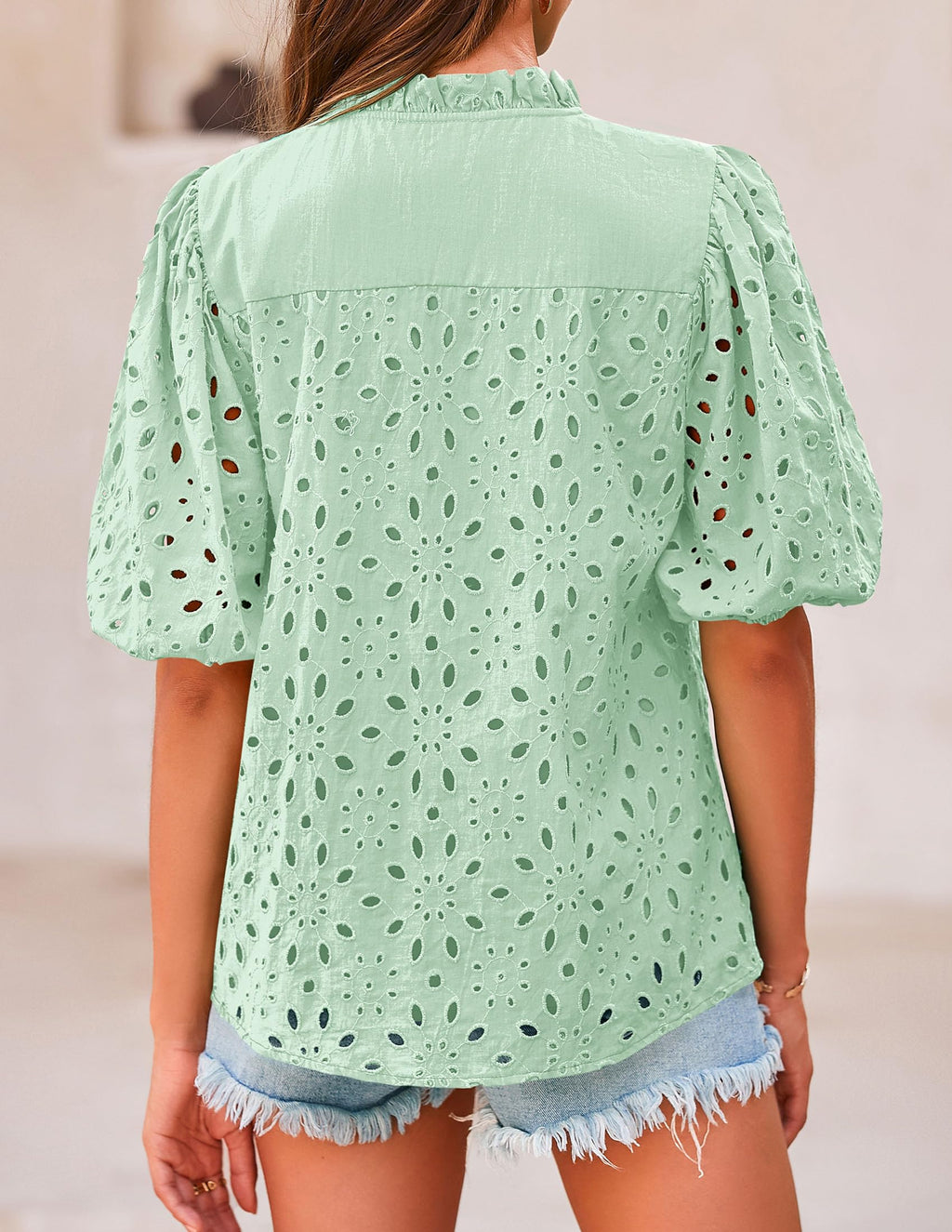 PRETTYGARDEN Women's Summer Tops Dressy Casual Short Sleeve V Neck Buttons Hollow Out Lace Embroidered Blouses Shirts