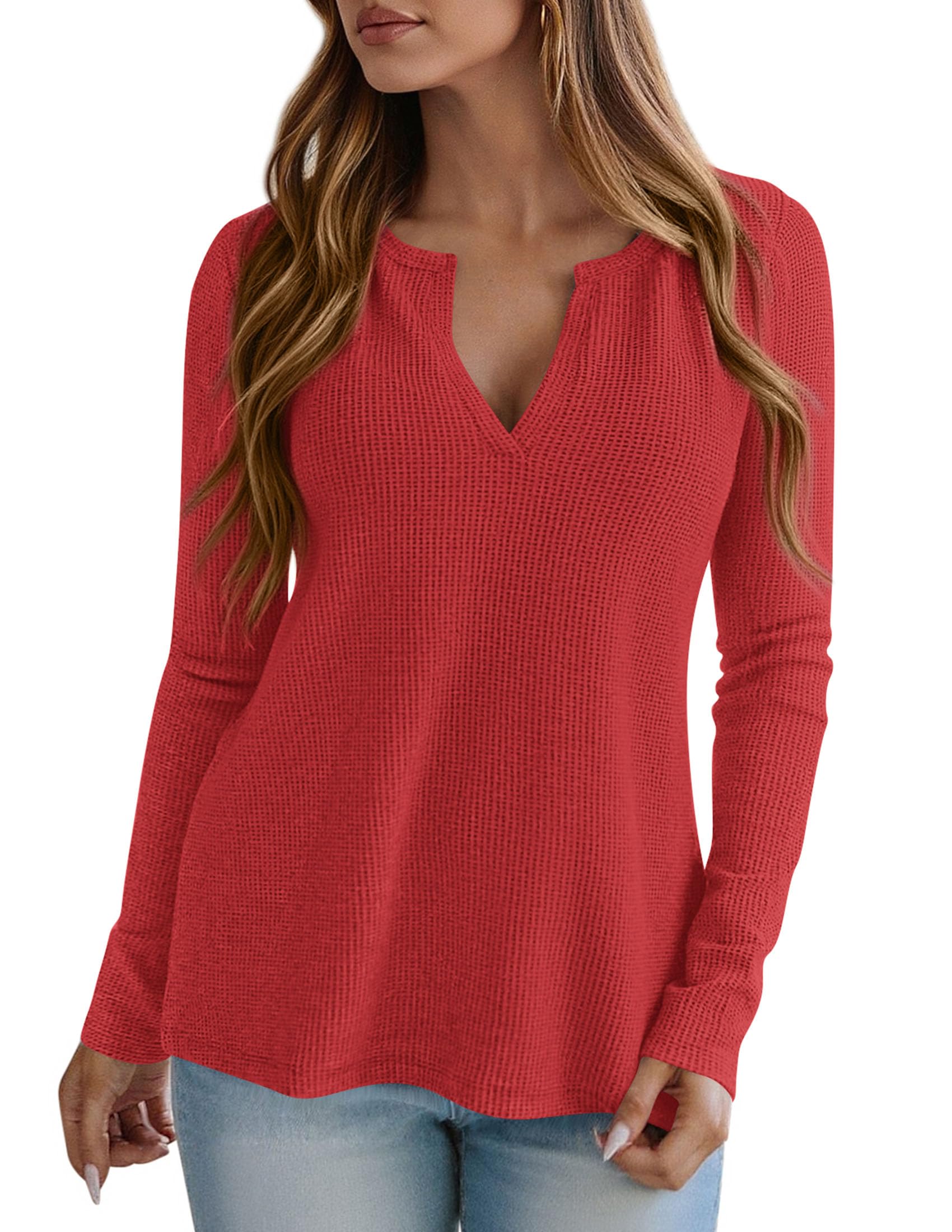 PRETTYGARDEN Long Sleeve Shirts for Women Fall V Neck Waffle Basic Tee Dressy Casual Winter Blouses Knit Tunic Tops