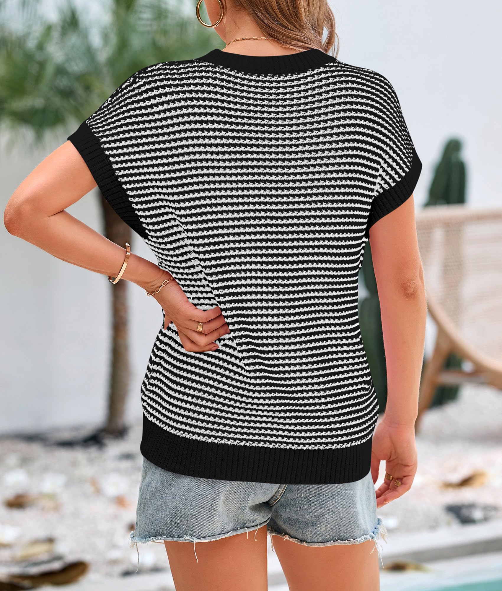 PRETTYGARDEN Womens Short Sleeve Sweater Spring Summer Round Neck Striped Pullover Cap Sleeve Knit Sweater Vest Tops